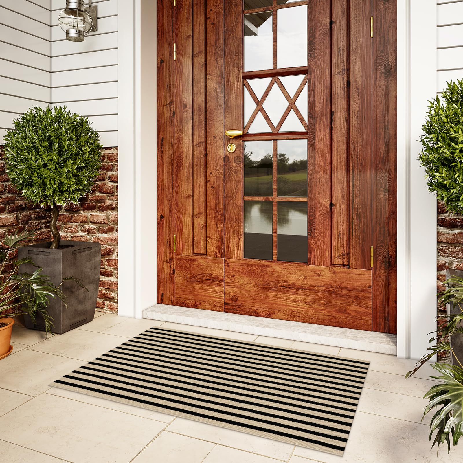 LEEVAN Outdoor Door Mat 2'x3' Washable Welcome Mat Woven Black and White Entryway Rug Farmhouse Front Porch Decor Outside Entrance Striped Outdoor Floor Mats