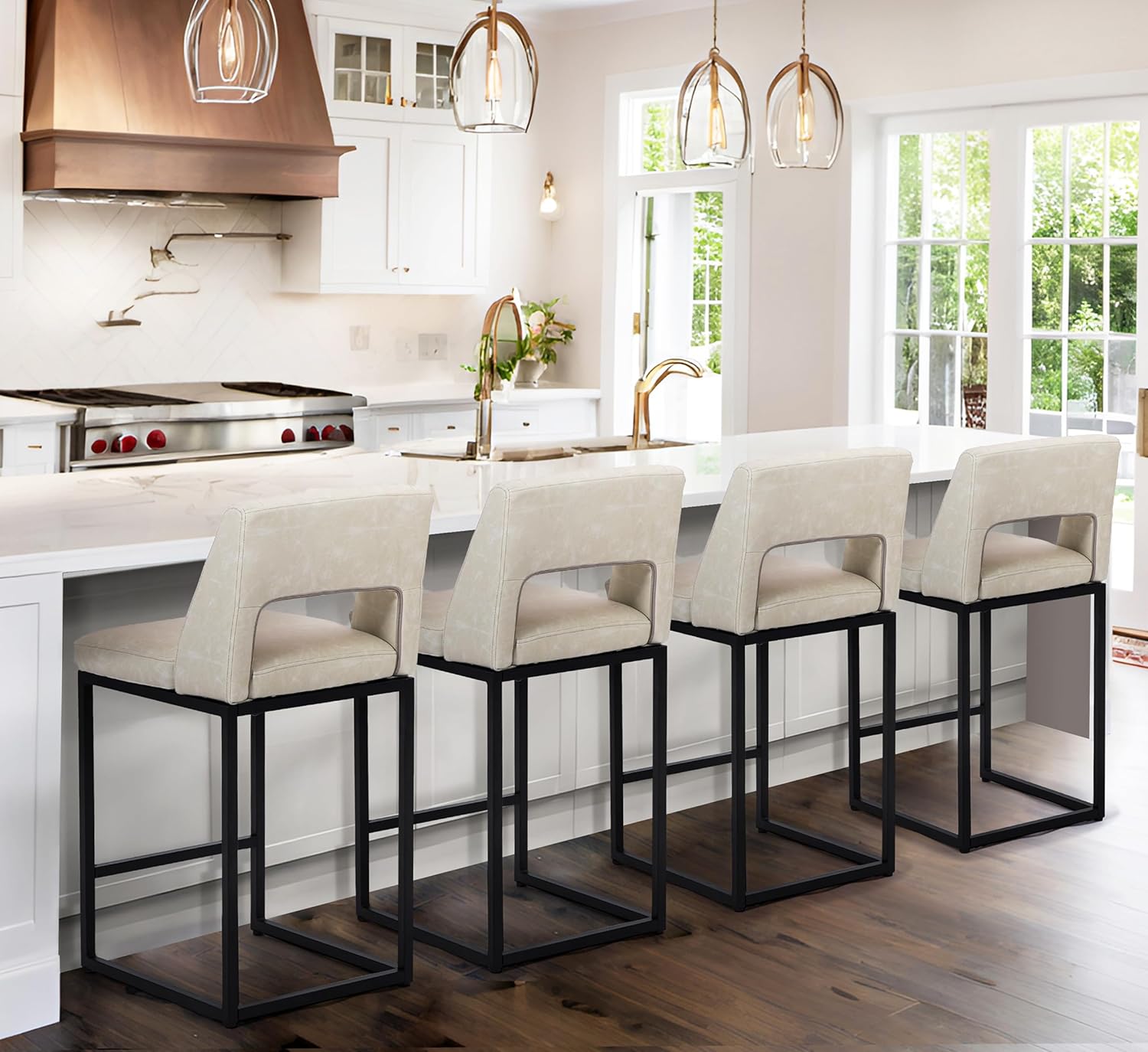 Counter Height Bar Stools Set of 4 for Kitchen Counter Modern Bar Chairs with Backs 26 Inch for Kitchen Island with Upholstered Faux Leather Seat and Metal Frame, Beige