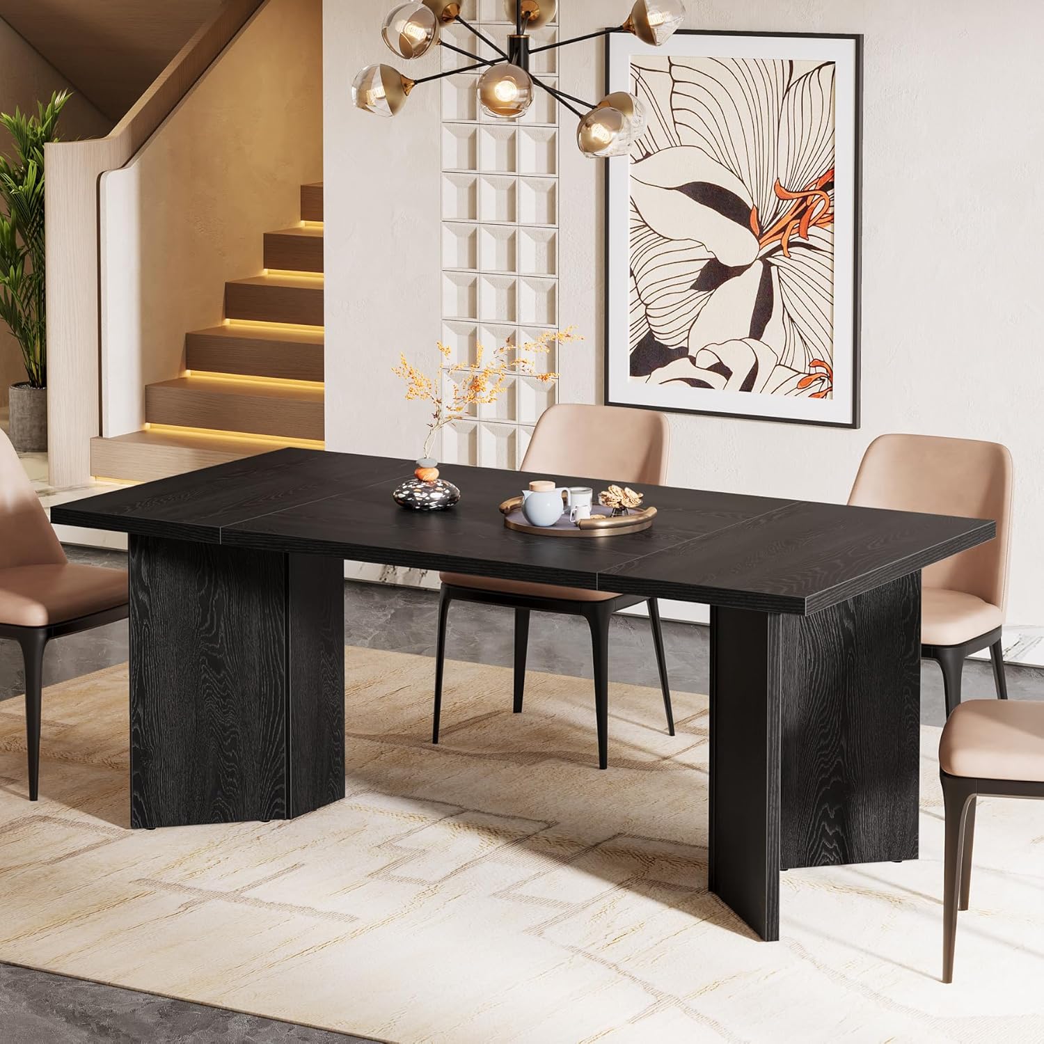 Tribesigns 63-Inch Dining Table for 4-6, Modern Large Kitchen Table with Thickened Wood Base, Rectangular Wooden Dinner Furniture for Kitchen, Dining Room, Living Room, Black