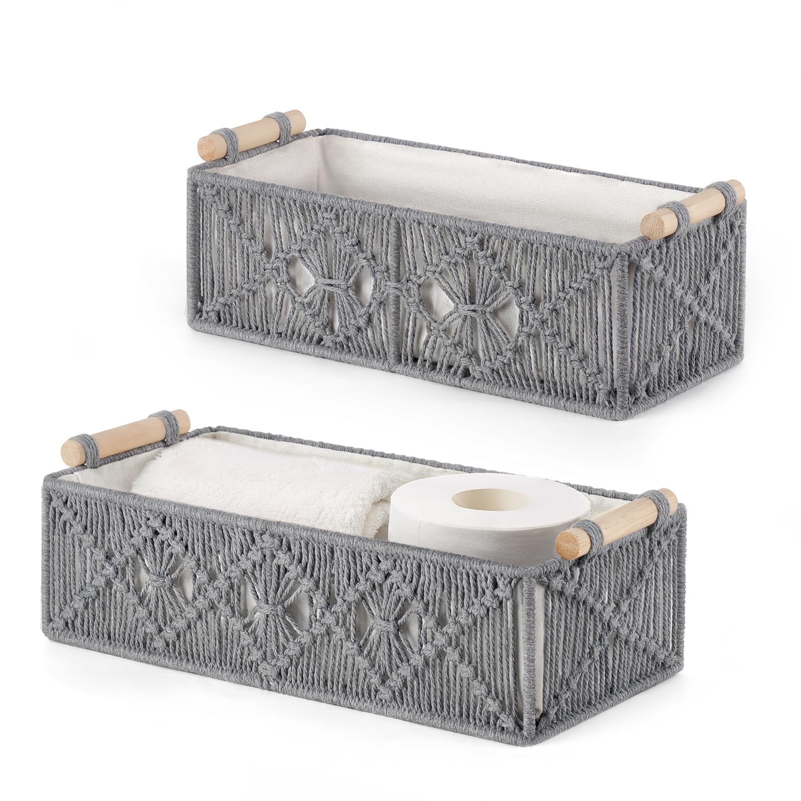 Mkono Macrame Storage Baskets Boho Decor Box Handmade Woven Decorative Countertop Toilet Tank Shelf Cabinet Organizer for Bedroom Livingroom Home, Set of 2, Ivory