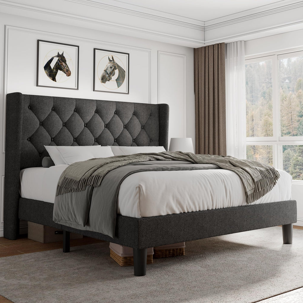 iPormis Full Size Velvet Platform Bed Frame with Button Tufted Headboard, Upholstered Bed Frame with Solid Wooden Slats, 8" Underbed Space, No Box Spring Needed, Noise Free, Easy Assembly, White