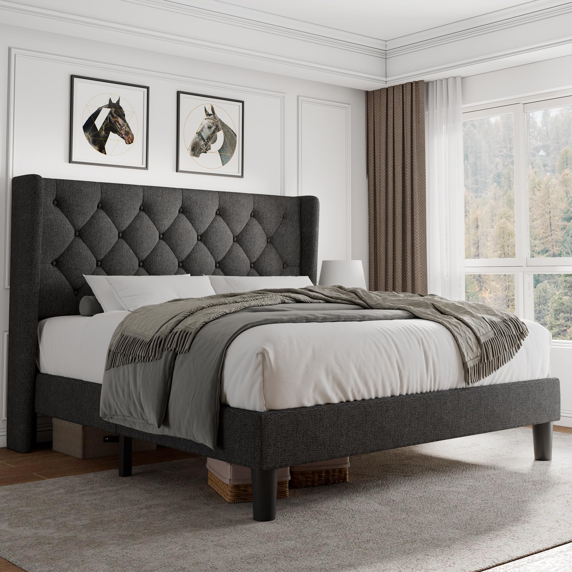 iPormis Full Size Velvet Platform Bed Frame with Button Tufted Headboard, Upholstered Bed Frame with Solid Wooden Slats, 8" Underbed Space, No Box Spring Needed, Noise Free, Easy Assembly, White
