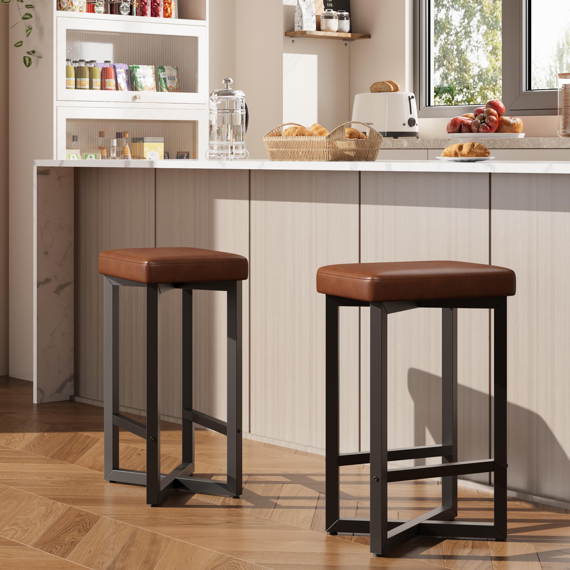 IDEALHOUSE Bar Stools Set of 4, 24.6" Counter Height Backless Barstools, Upholstered PU Leather Seats with Metal X-Frame & Footrest, Modern Kitchen Stools for Home Bar, Dining Room, Brown