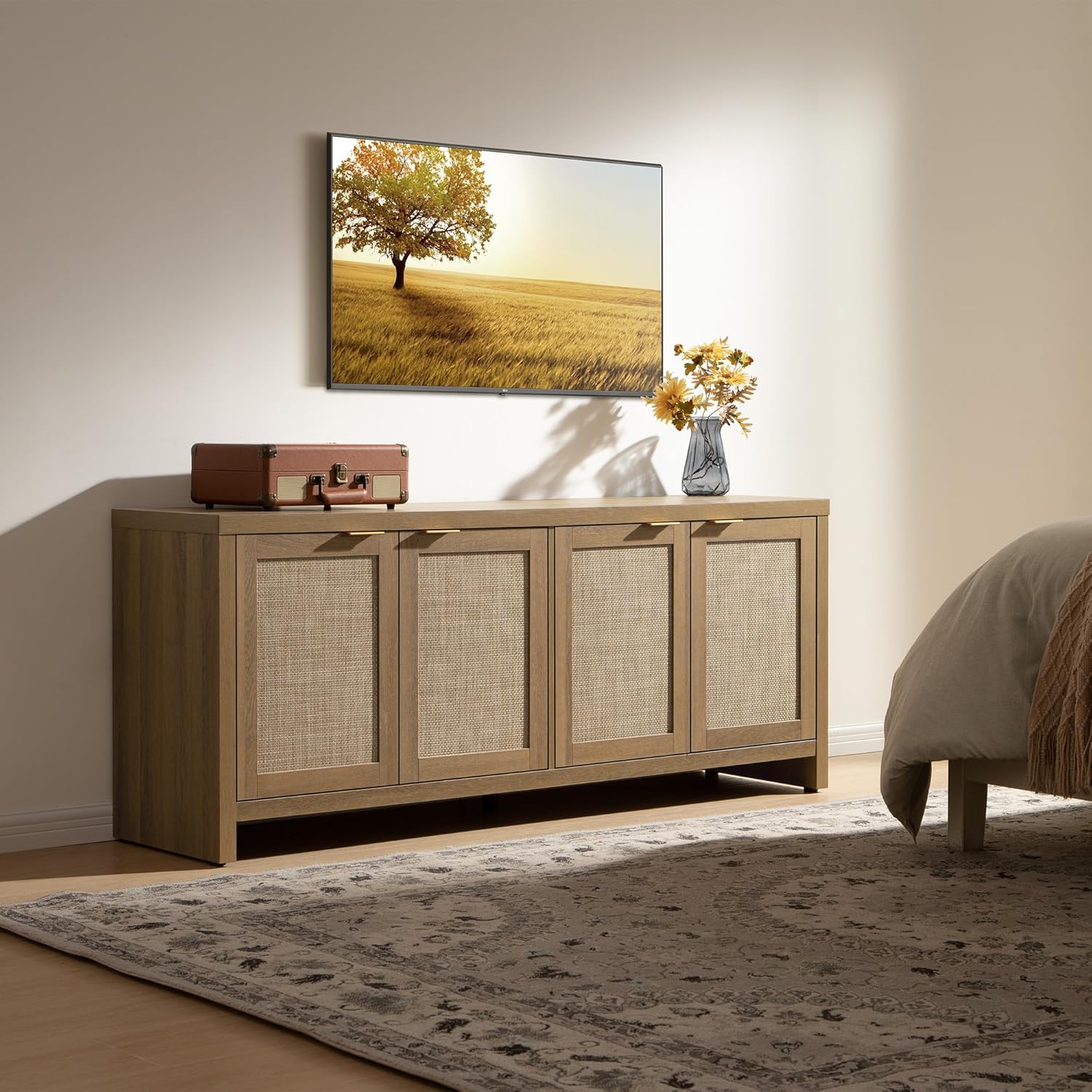 SICOTAS TV Stand for Living Room Rattan Entertainment Center for Bedroom with 4 Rattan Cabinets Farmhouse Television Stands with Storage Large Media Console Table for TVs up to 50 55 60 65 Inch