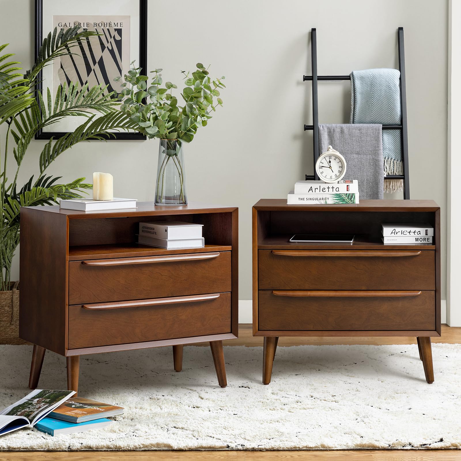 HULALA HOME Nightstand with Charging Station, Mid-Century Modern 2 Drawer and Open Shelf Dresser for Bedroom, Fluted Bedside Table, Acorn