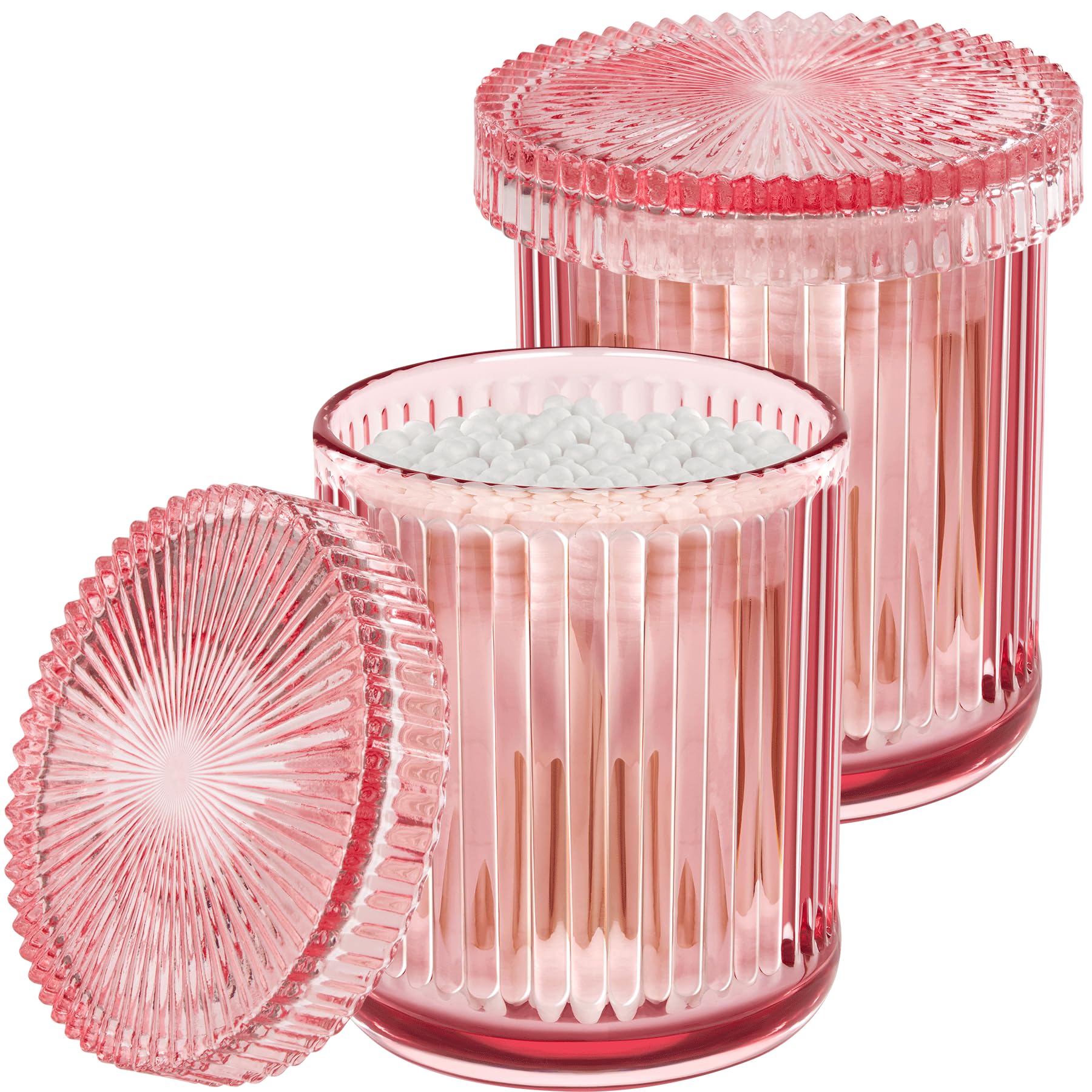 2 Pack Glass Qtip Holder Dispenser Set - Bathroom Organizer for Cotton Swabs, Balls, Pads, Floss Picks - Clear Apothecary Jars for Vanity, Makeup Storage, Bathroom Accessories Decor (Amber)