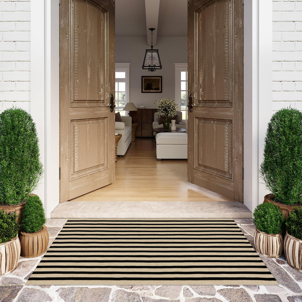 LEEVAN Outdoor Door Mat 2'x3' Washable Welcome Mat Woven Black and White Entryway Rug Farmhouse Front Porch Decor Outside Entrance Striped Outdoor Floor Mats