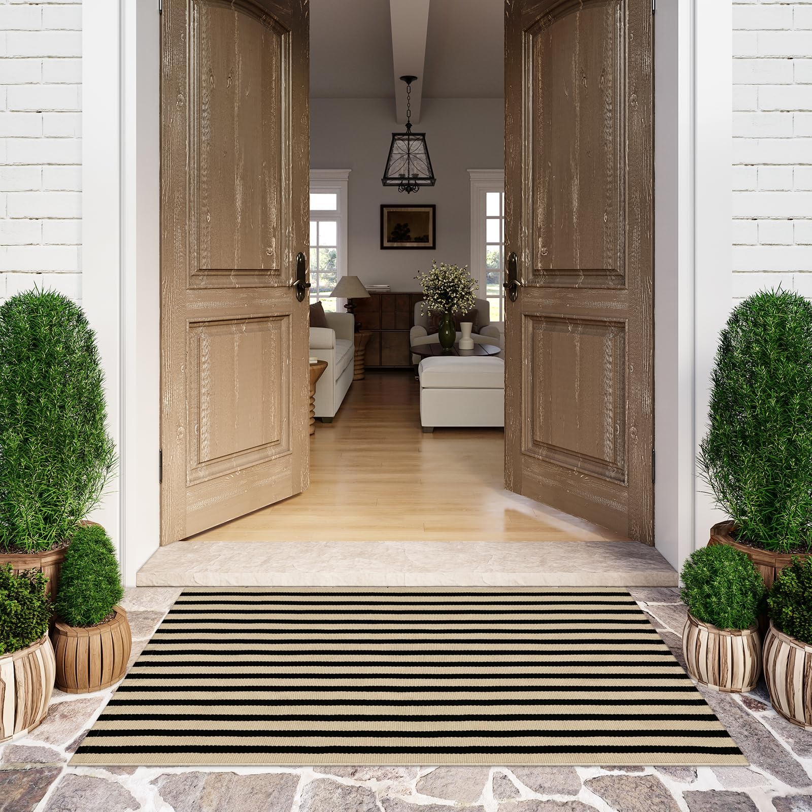 LEEVAN Outdoor Door Mat 2'x3' Washable Welcome Mat Woven Black and White Entryway Rug Farmhouse Front Porch Decor Outside Entrance Striped Outdoor Floor Mats