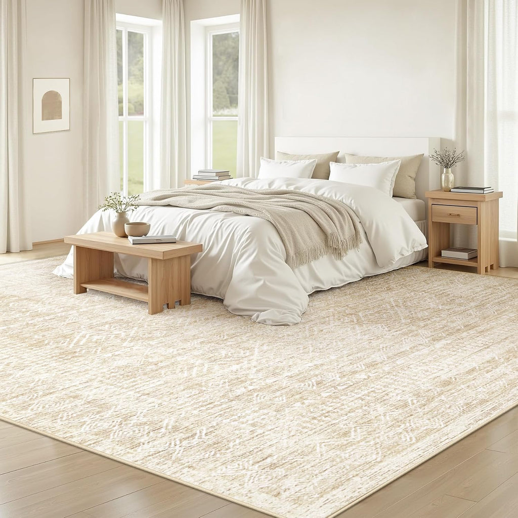 Living Room Rugs 8x10: Washable Moroccan Geometric Boho Rug Farmhouse Non Slip Stain Resistant Large Rug Low Pile Soft Carpet for Bedroom Dining Room Children Room (Beige,8'x10')