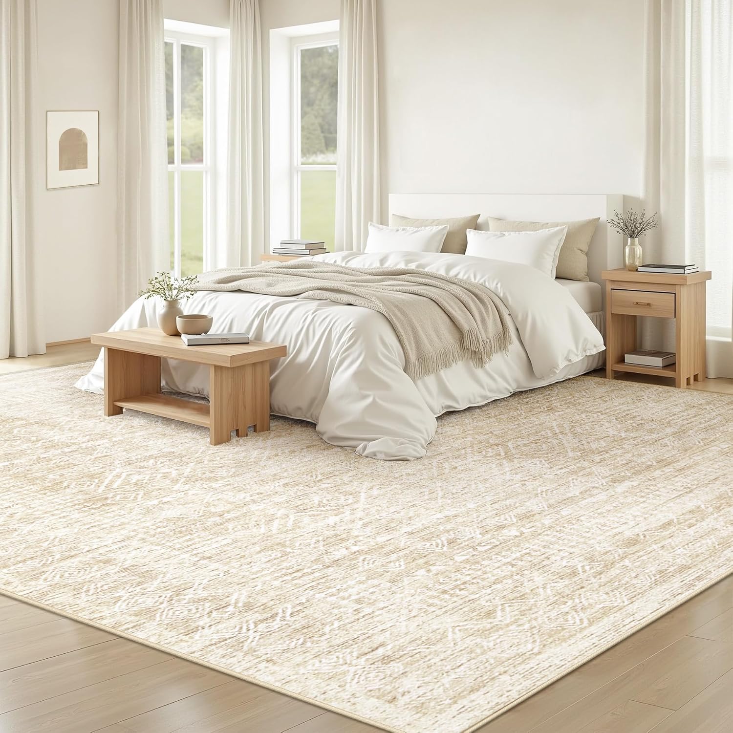 Living Room Rugs 8x10: Washable Moroccan Geometric Boho Rug Farmhouse Non Slip Stain Resistant Large Rug Low Pile Soft Carpet for Bedroom Dining Room Children Room (Beige,8'x10')