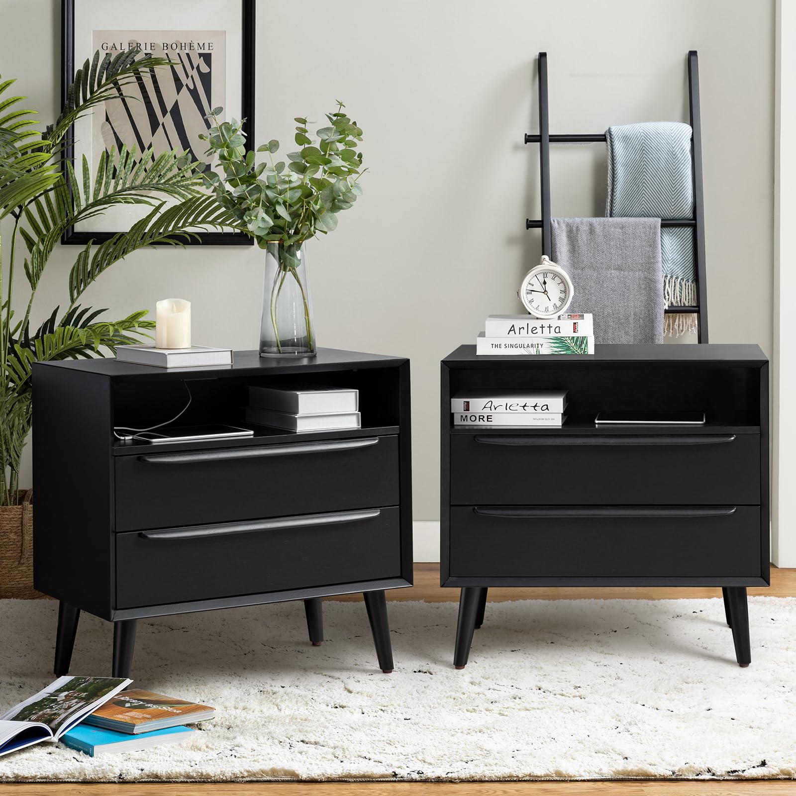 HULALA HOME Nightstand with Charging Station, Mid-Century Modern 2 Drawer and Open Shelf Dresser for Bedroom, Fluted Bedside Table, Acorn