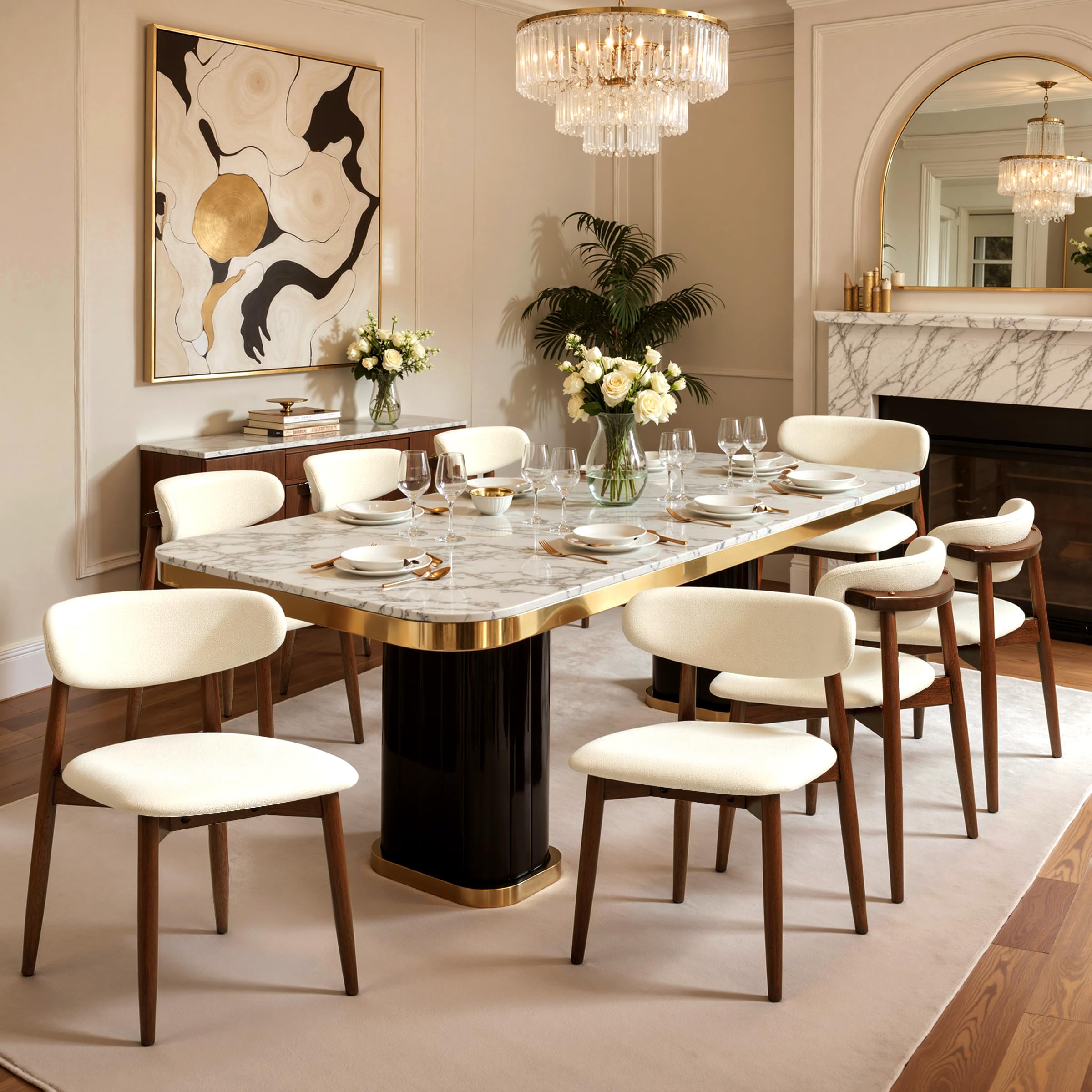 CHUN YI Dining Chairs Set of 4, Upholstered Wooden Dining Room Chairs, Mid Century Modern Fabric Kitchen Chair with Ergonomic Curved Backrest, Beige (Only Chairs)