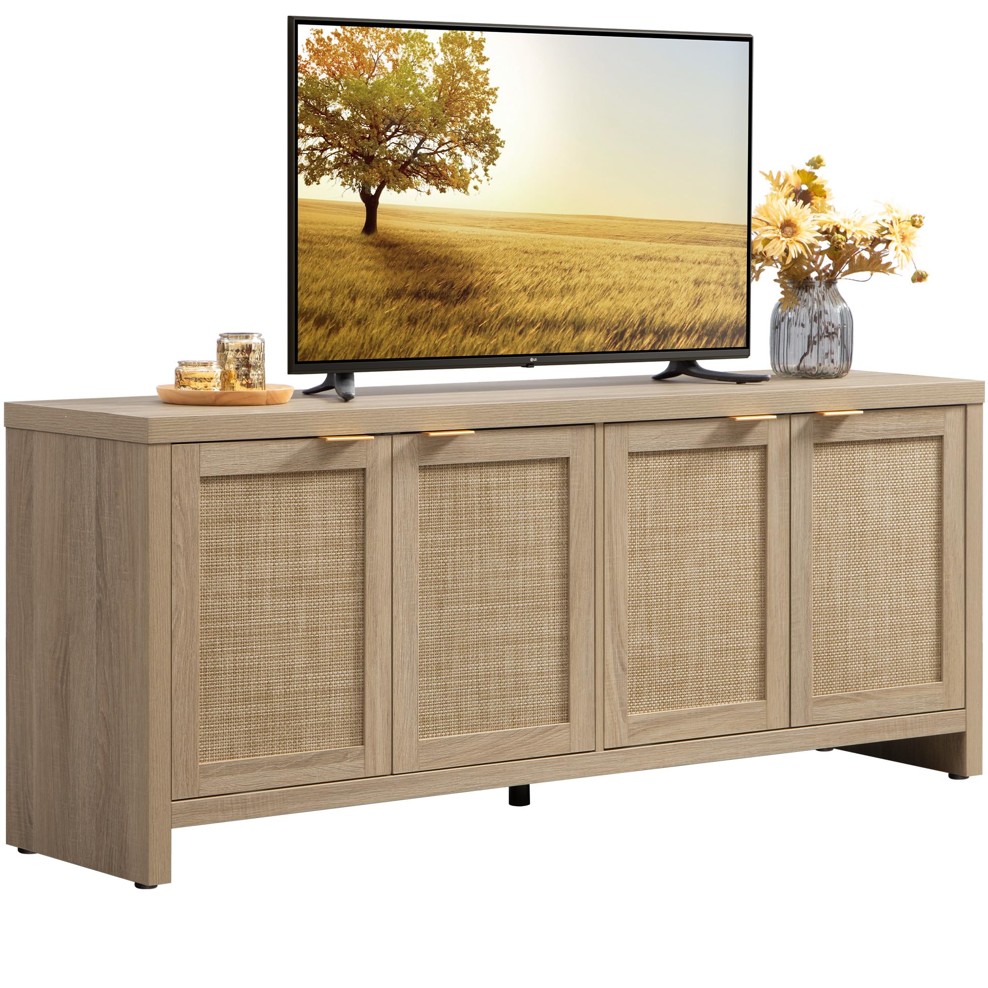 SICOTAS TV Stand for Living Room Rattan Entertainment Center for Bedroom with 4 Rattan Cabinets Farmhouse Television Stands with Storage Large Media Console Table for TVs up to 50 55 60 65 Inch