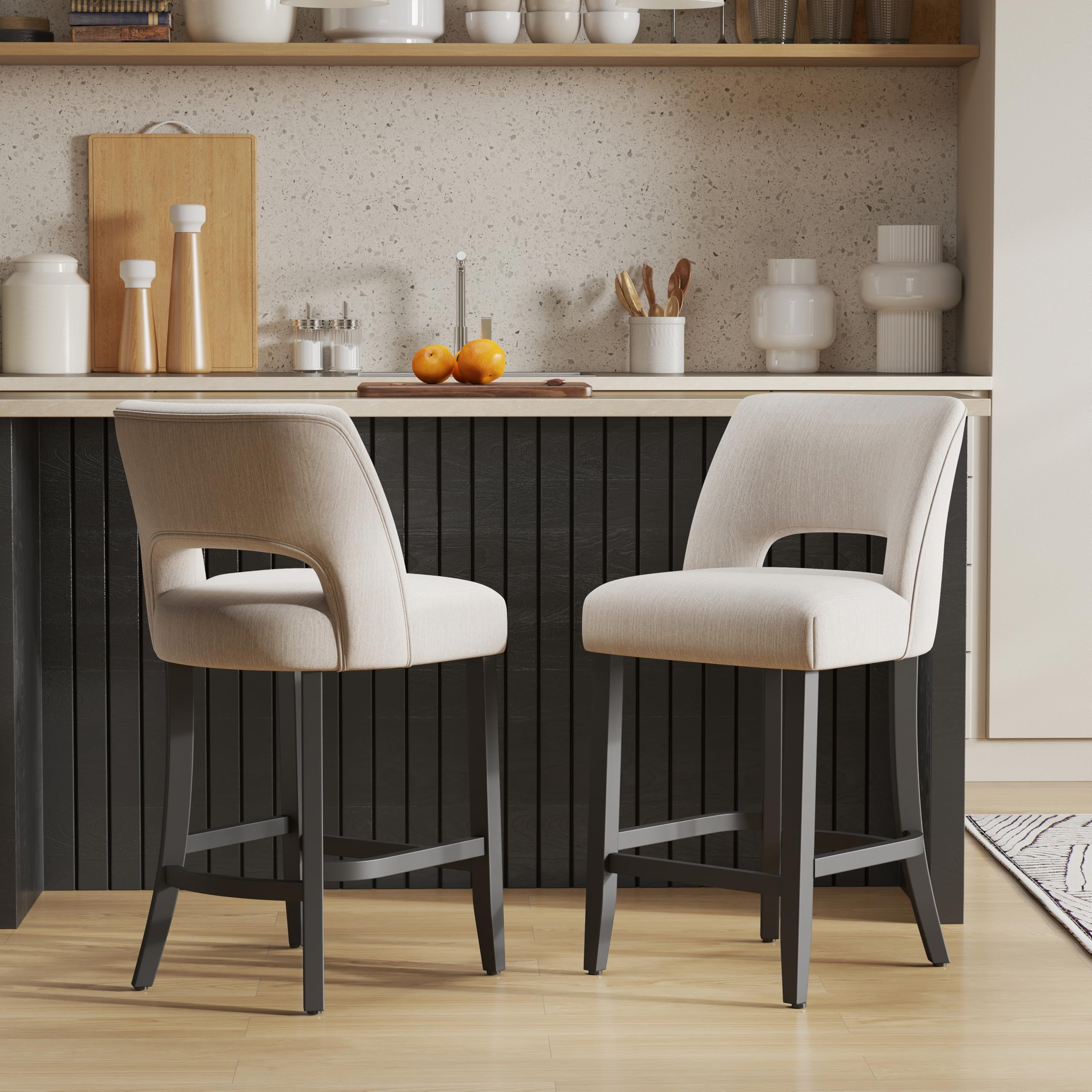 VKNOW Bar Stools Set of 4,Upholstered Counter Height Bar Stools,Modern Counter Stools with Wood Legs for Kitchen Island Dining Room Bar,Beige