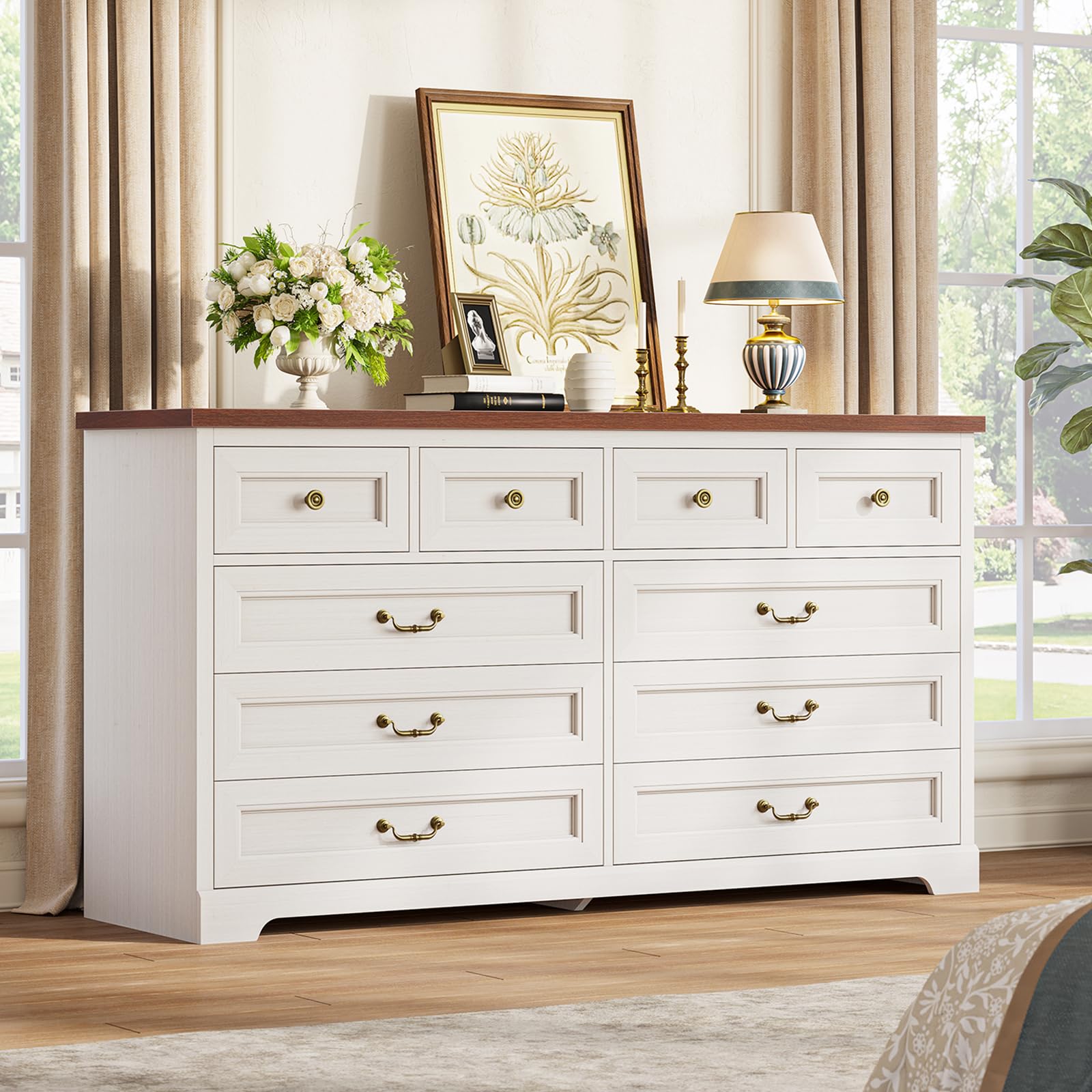 Hasuit Farmhouse 10 Drawer Dresser for Bedroom, 55.1" Wide Dressers Chest of Drawers, Rustic Wood Storage Cabinet with Deep Drawers and Vintage Handle, Large Black Dresser for Bedroom, Closet, Hallway