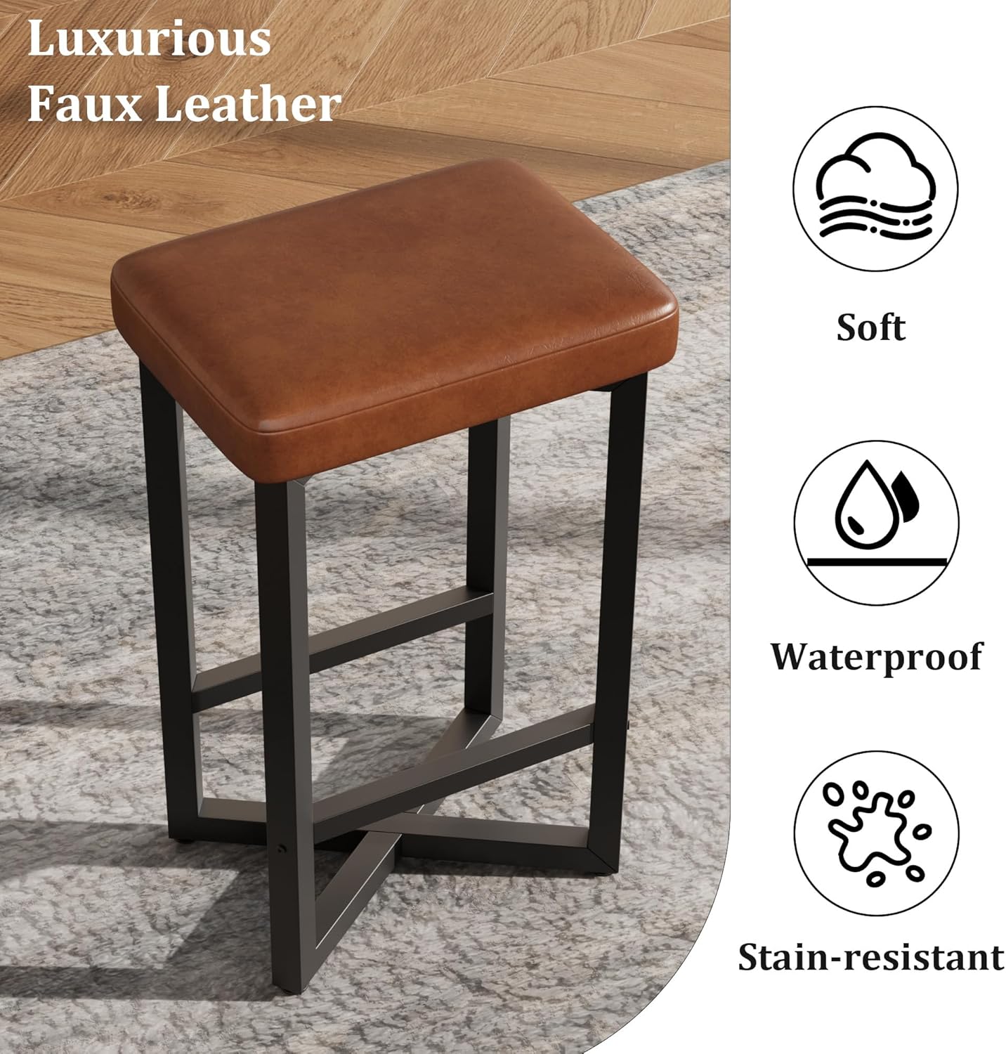 IDEALHOUSE Bar Stools Set of 4, 24.6" Counter Height Backless Barstools, Upholstered PU Leather Seats with Metal X-Frame & Footrest, Modern Kitchen Stools for Home Bar, Dining Room, Brown