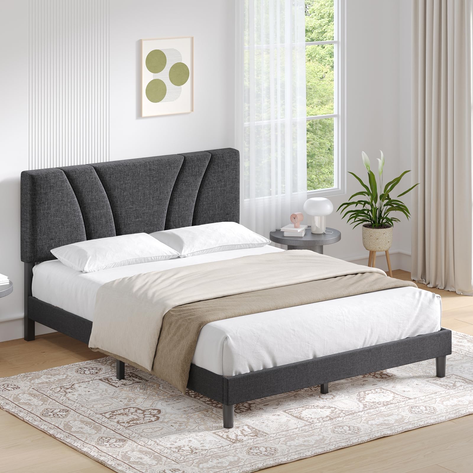 Novilla King Bed Frame and Headboard, Linen Upholstered King Size Bed Frame with Wood Slats Support, No Box Spring Needed, Heavy Duty Feet, Easy Assembly, Grey