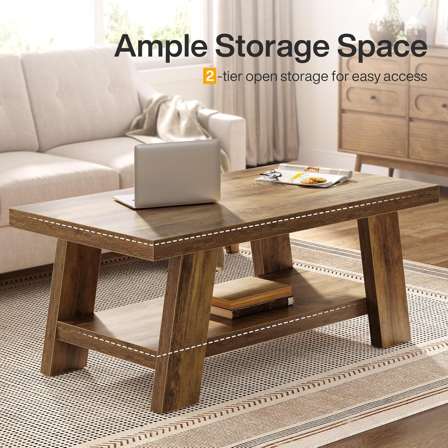 Tribesigns Farmhouse Coffee Table, Rustic Coffee Tables for Living Room, 47.24" Rectangular Wood Living Room Tables, 2-Tier Center Table with Storage for Apartment, Bedroom, Office (Rustic Brown)
