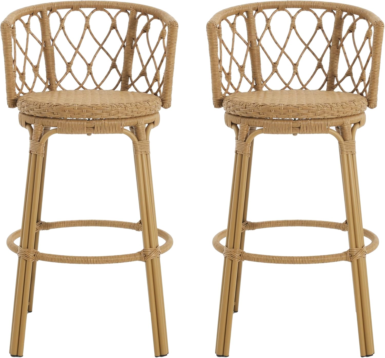 Christopher Knight Home Harrison 28.75"H Outdoor Barstools Set of 4, Rattan Bar Chair, Barrel Backrest Counter Stool, Country Style Bistro Stool, Patio Barstools for Gardern Orchard Yard, Light Brown