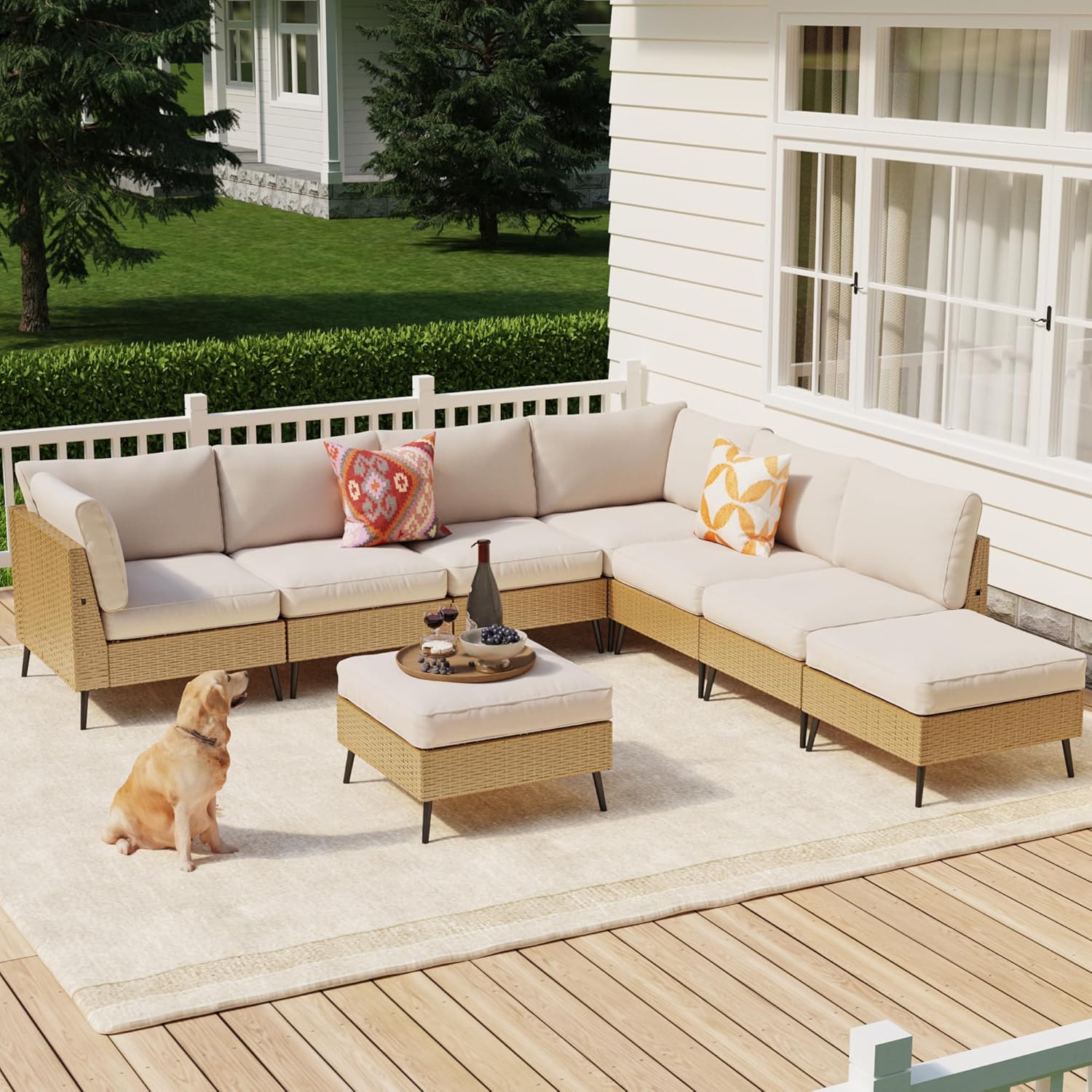 SUNCOZE 8 Pieces Outdoor Patio Furniture Sets, Outdoor Sectional Furniture PE Rattan Wicker Sofa Set, All Weather Patio Conversation Set with Cushion and Ottoman for Deck, Lawn and Pool
