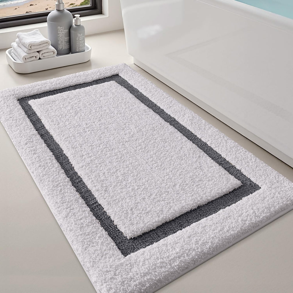 LUMI White Bath Mats for Bathroom, Non Slip Absorbent Soft Bath Rug, Fluffy Washable Classic Bathroom Rugs, Ideal for Floor, Shower Tub, Entryway, 24"x36", White and Beige