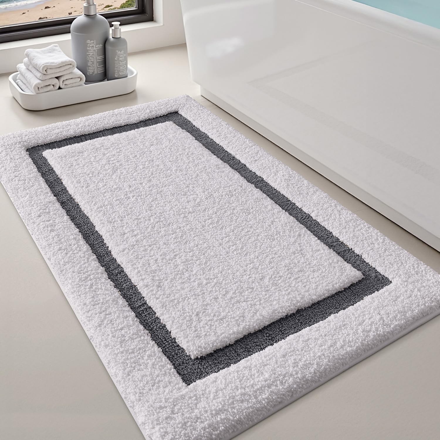 LUMI White Bath Mats for Bathroom, Non Slip Absorbent Soft Bath Rug, Fluffy Washable Classic Bathroom Rugs, Ideal for Floor, Shower Tub, Entryway, 24"x36", White and Beige