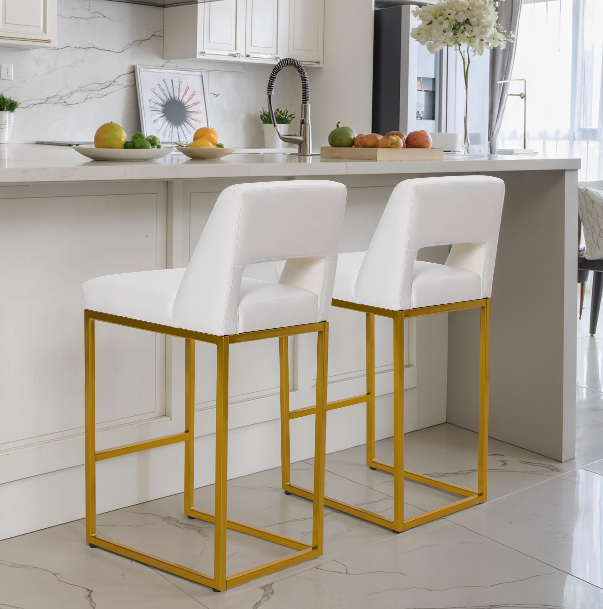 Counter Height Bar Stools Set of 4 for Kitchen Counter Modern Bar Chairs with Backs 26 Inch for Kitchen Island with Upholstered Faux Leather Seat and Metal Frame, Beige
