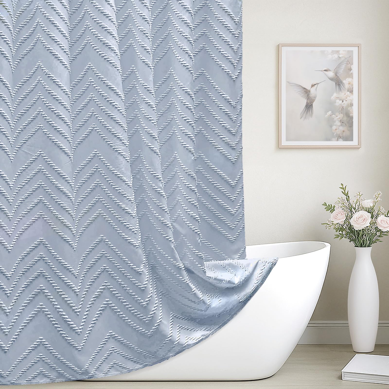 White Boho Fabric Shower Curtain 72 x 72 Inches, Modern Shabby Chic Textured Tufted Chevron Striped Minimalist Cloth Bathroom Shower Curtain