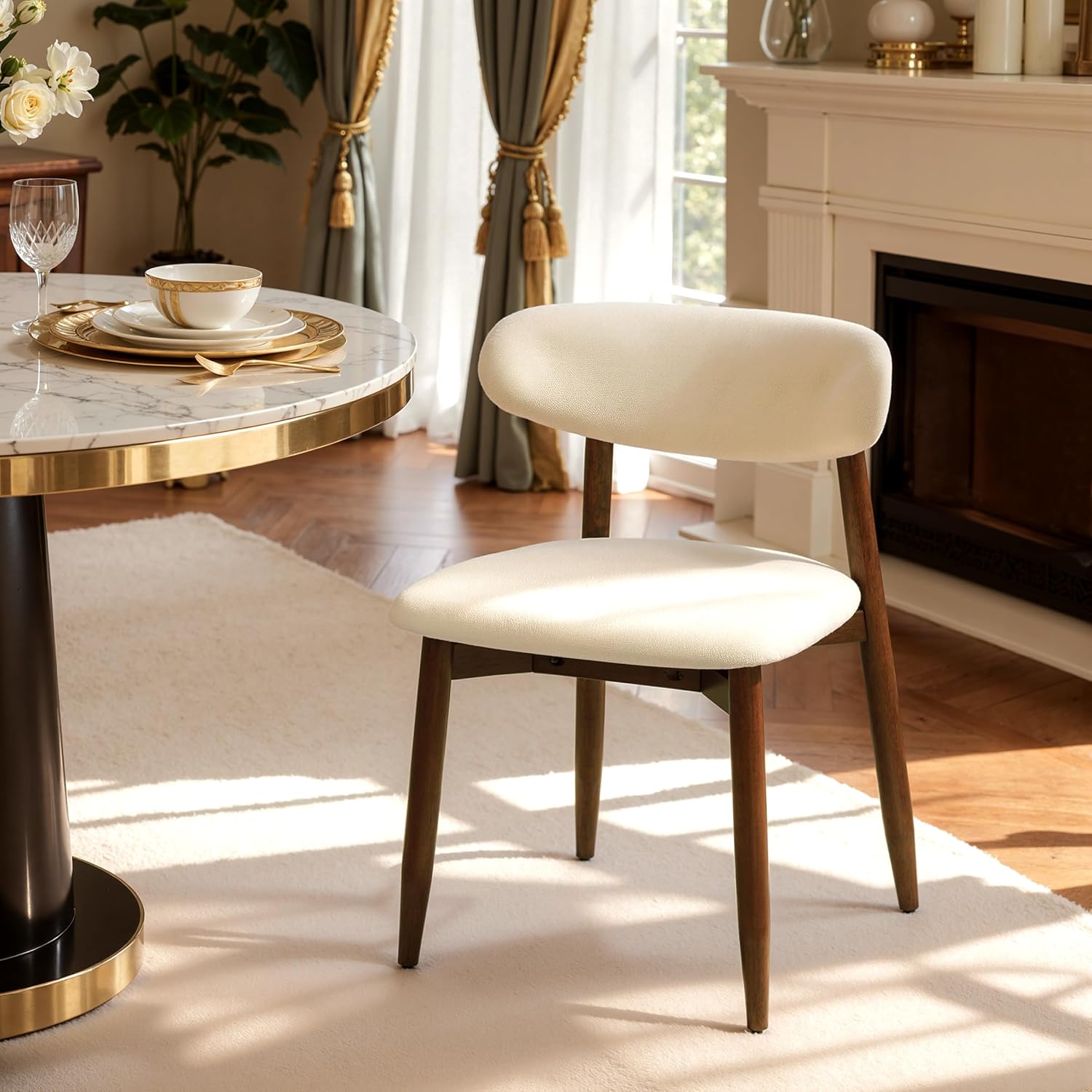 CHUN YI Dining Chairs Set of 4, Upholstered Wooden Dining Room Chairs, Mid Century Modern Fabric Kitchen Chair with Ergonomic Curved Backrest, Beige (Only Chairs)