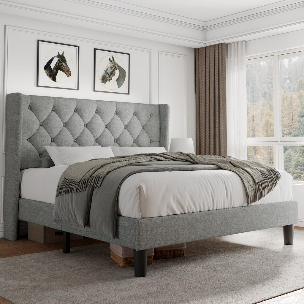 iPormis Full Size Velvet Platform Bed Frame with Button Tufted Headboard, Upholstered Bed Frame with Solid Wooden Slats, 8" Underbed Space, No Box Spring Needed, Noise Free, Easy Assembly, White