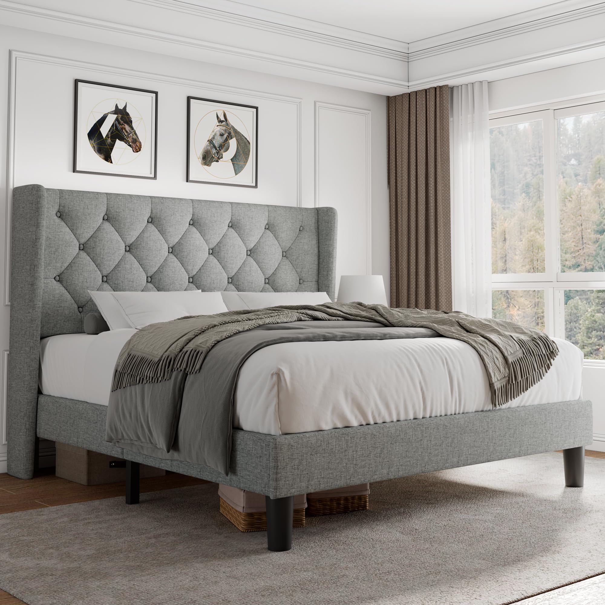 iPormis Full Size Velvet Platform Bed Frame with Button Tufted Headboard, Upholstered Bed Frame with Solid Wooden Slats, 8" Underbed Space, No Box Spring Needed, Noise Free, Easy Assembly, White