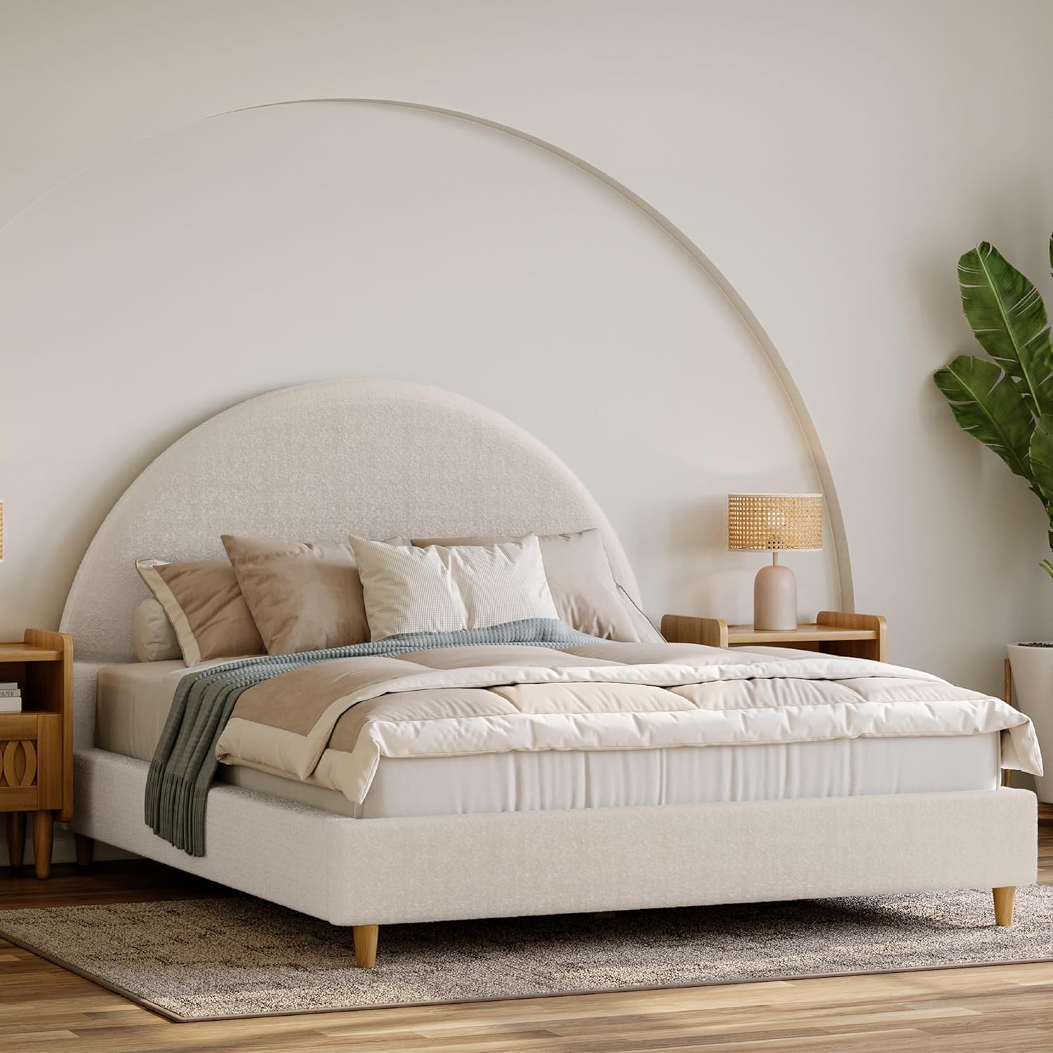 DG Casa Boucle Cloud Bed Frame with Arch Shaped Headboard, Upholstered in Soft Fabric, Platform Bed Frame with Solid Wood Legs - Boho or Modern Style - No Box Spring Needed - Full Size