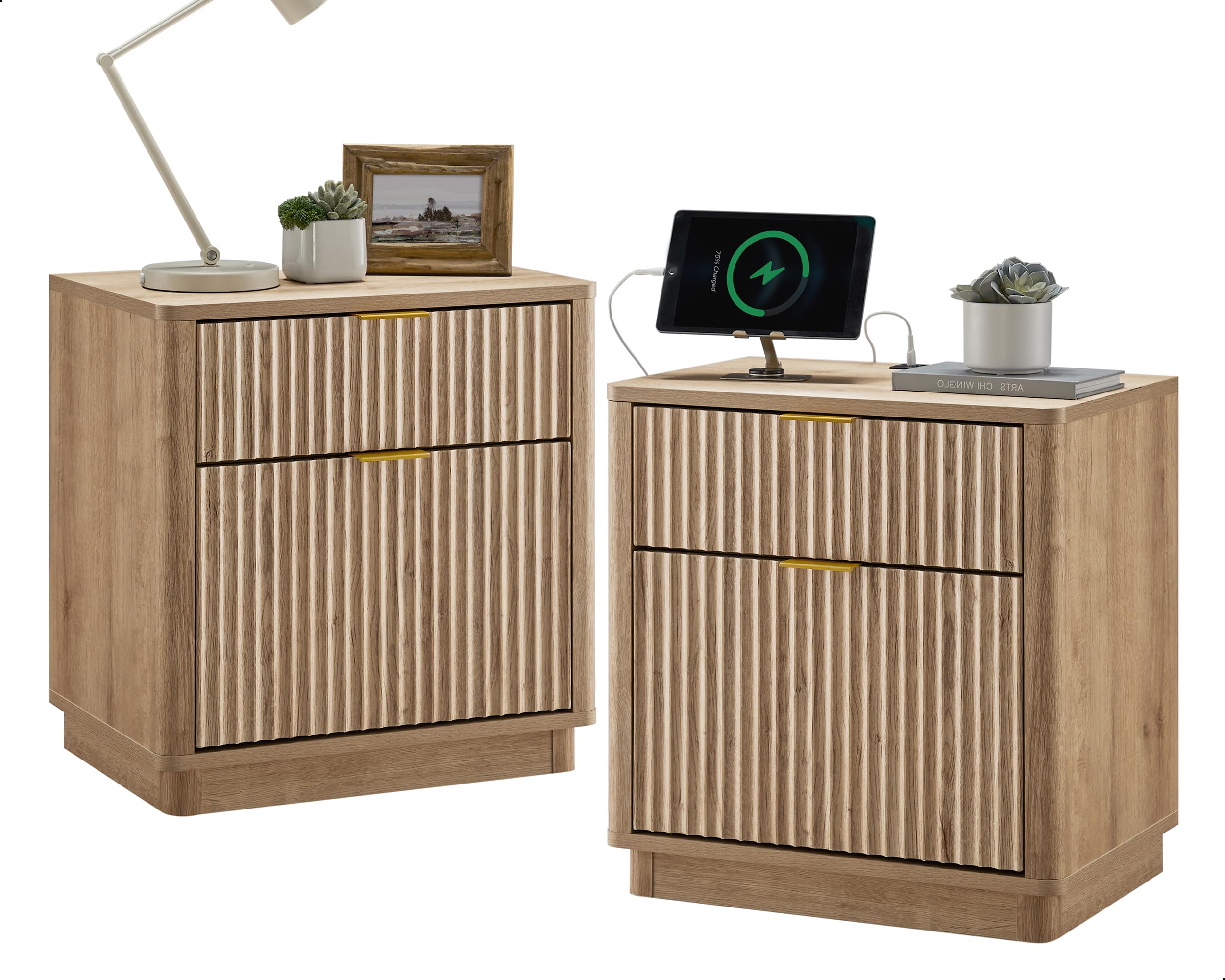 T4TREAM 23'' Fluted Nightstand with Charging Station, Large 2 Drawer Bedside Table, Modern End Table with Storage, Mid Century Night Stand for Bedroom, Living Room, Curved Profile, Natural Oak