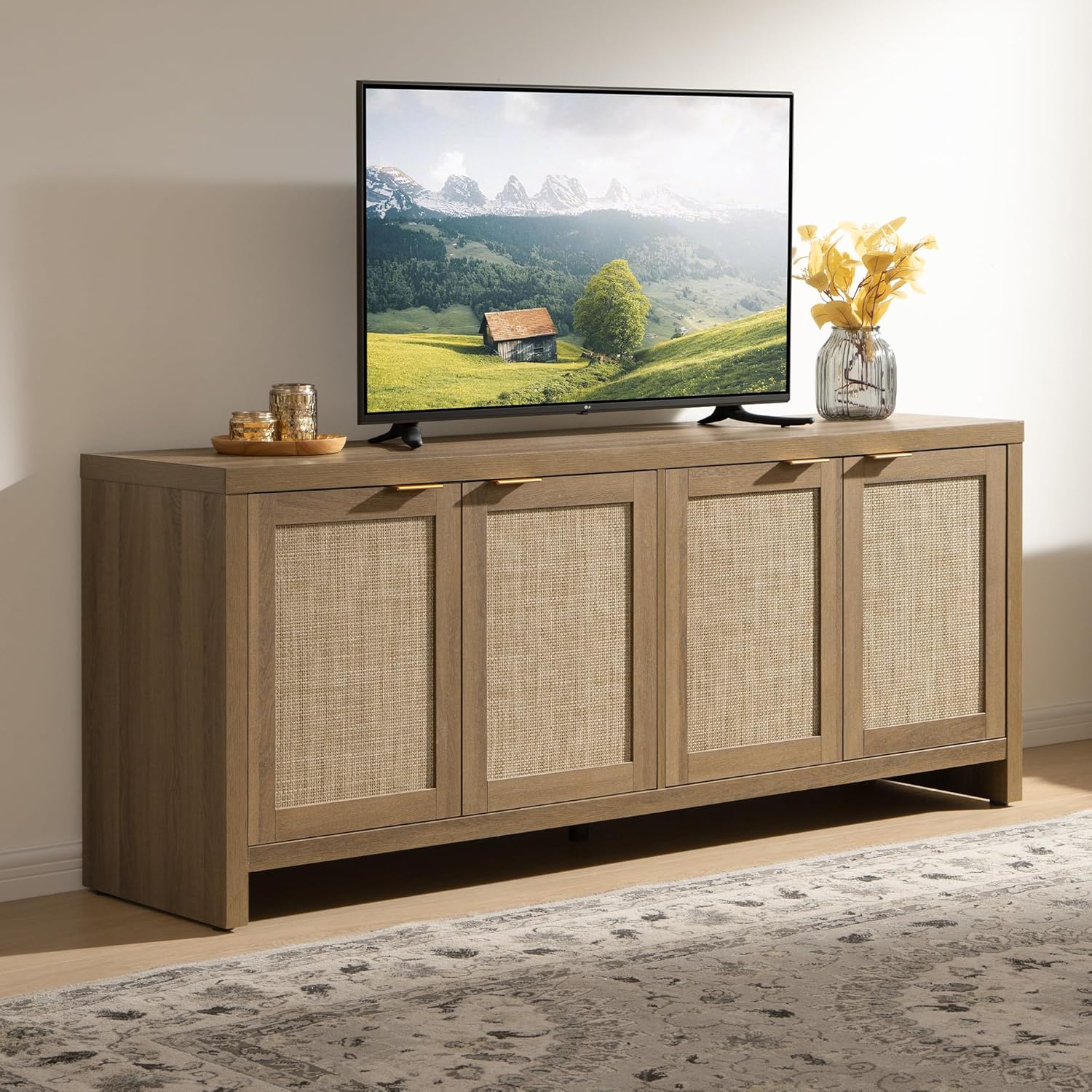 SICOTAS TV Stand for Living Room Rattan Entertainment Center for Bedroom with 4 Rattan Cabinets Farmhouse Television Stands with Storage Large Media Console Table for TVs up to 50 55 60 65 Inch