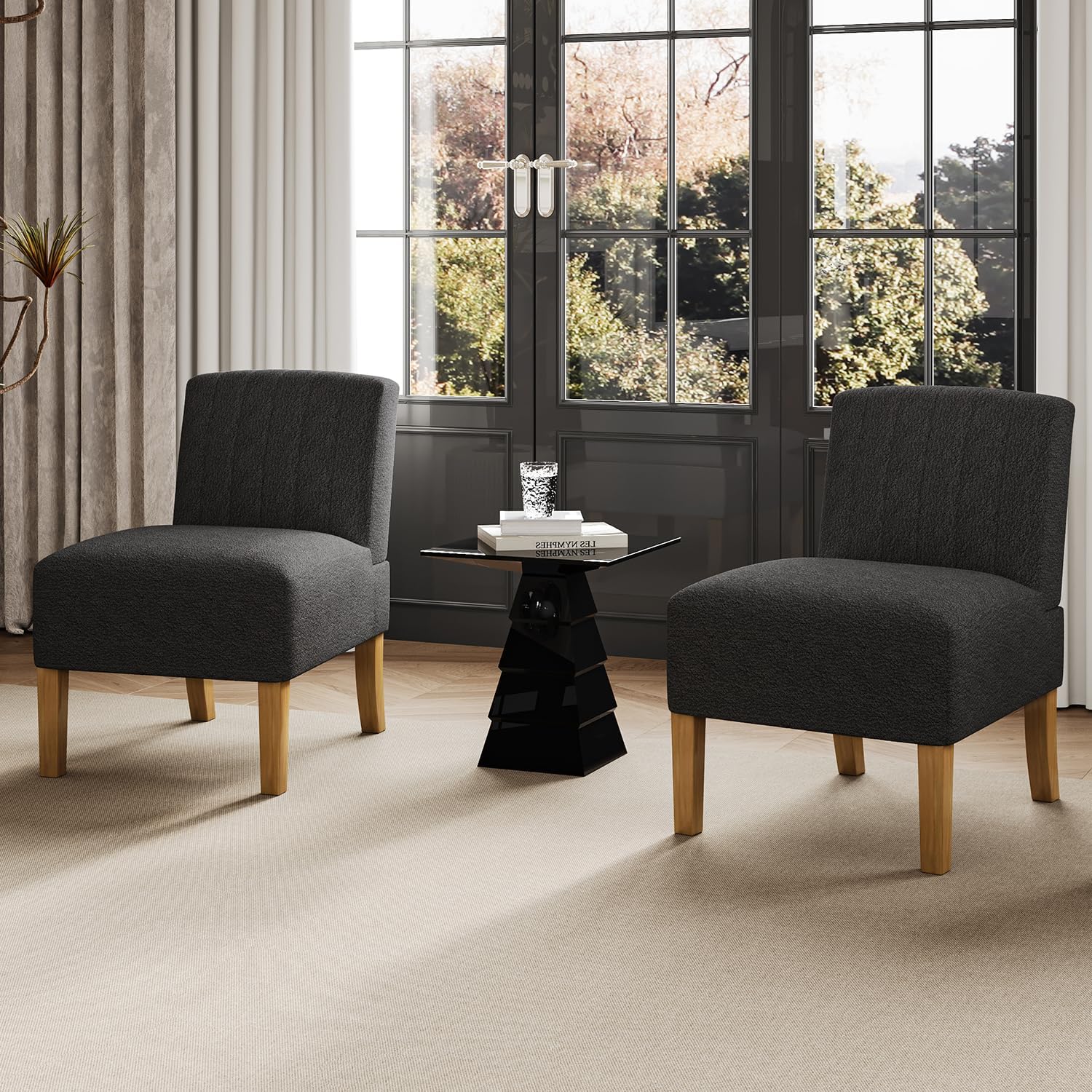 Armless Accent Chairs Set of 2 - Modern Slipper Chairs for Living Room, Solid Wood Legs, Comfy Upholstered Fabric in Black