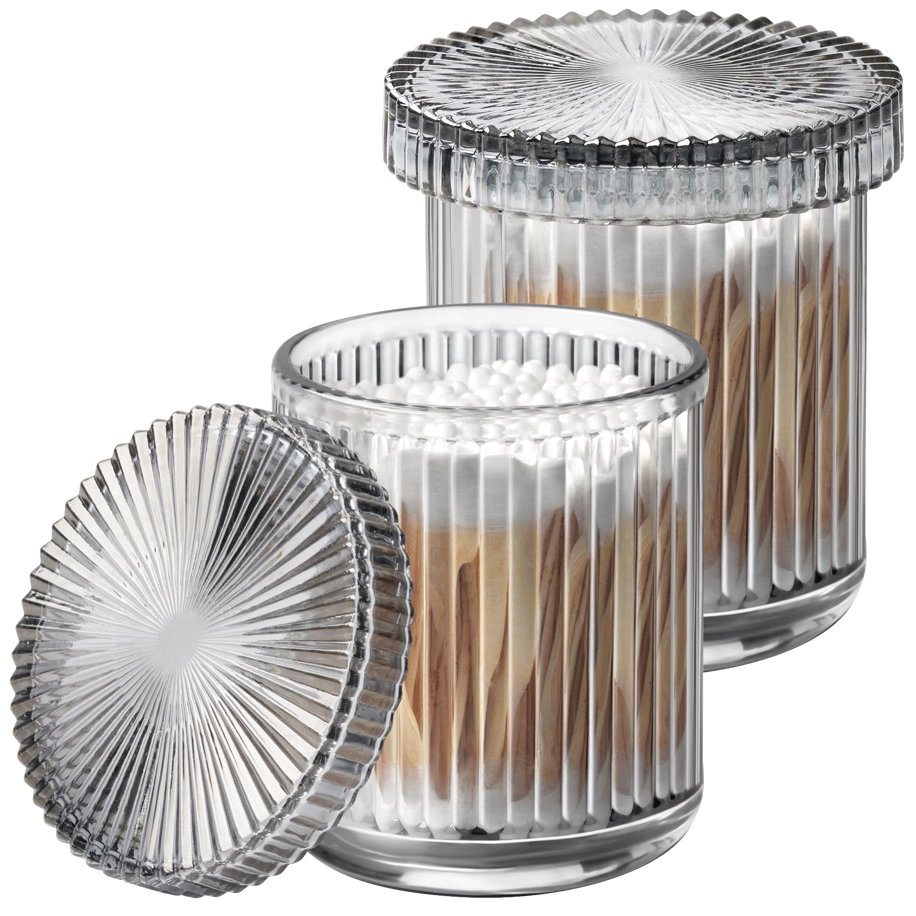 2 Pack Glass Qtip Holder Dispenser Set - Bathroom Organizer for Cotton Swabs, Balls, Pads, Floss Picks - Clear Apothecary Jars for Vanity, Makeup Storage, Bathroom Accessories Decor (Amber)
