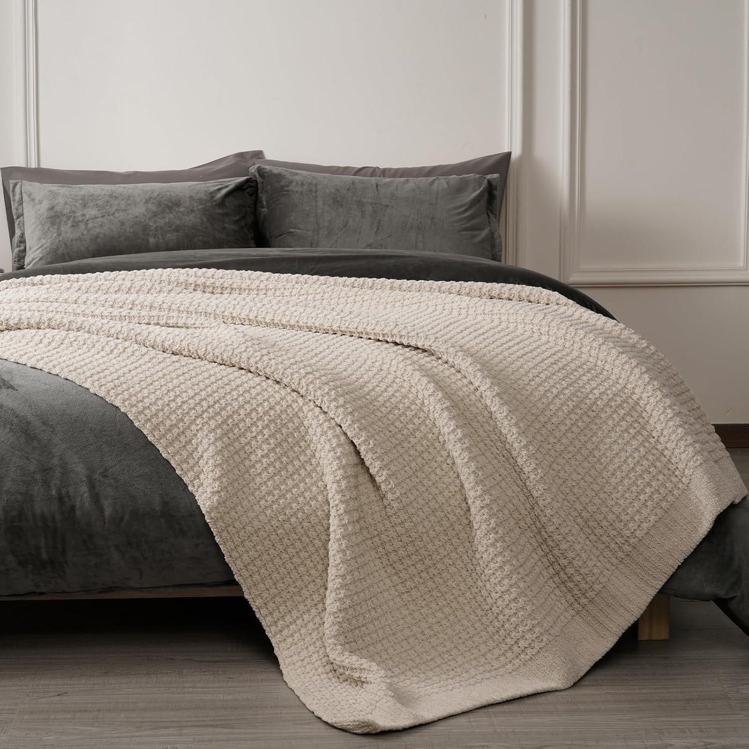 PHF Chenille Waffle Knit Throw Blanket- Plush Warm & Cozy 50" x 60" Ultra Soft Blanket- Chunky Fluffy Waffle Throws for Couch Bed Sofa - Natural
