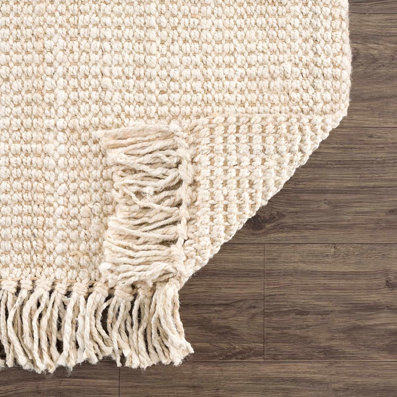 Hauteloom Senneterre Handwoven Solid Sea Grass Bleached Jute Rug - Natural Fiber Area Rug - Natural Fringe Tassel - Rattan Wicker Look Carpet - Beige, Cream - 4' x 6'