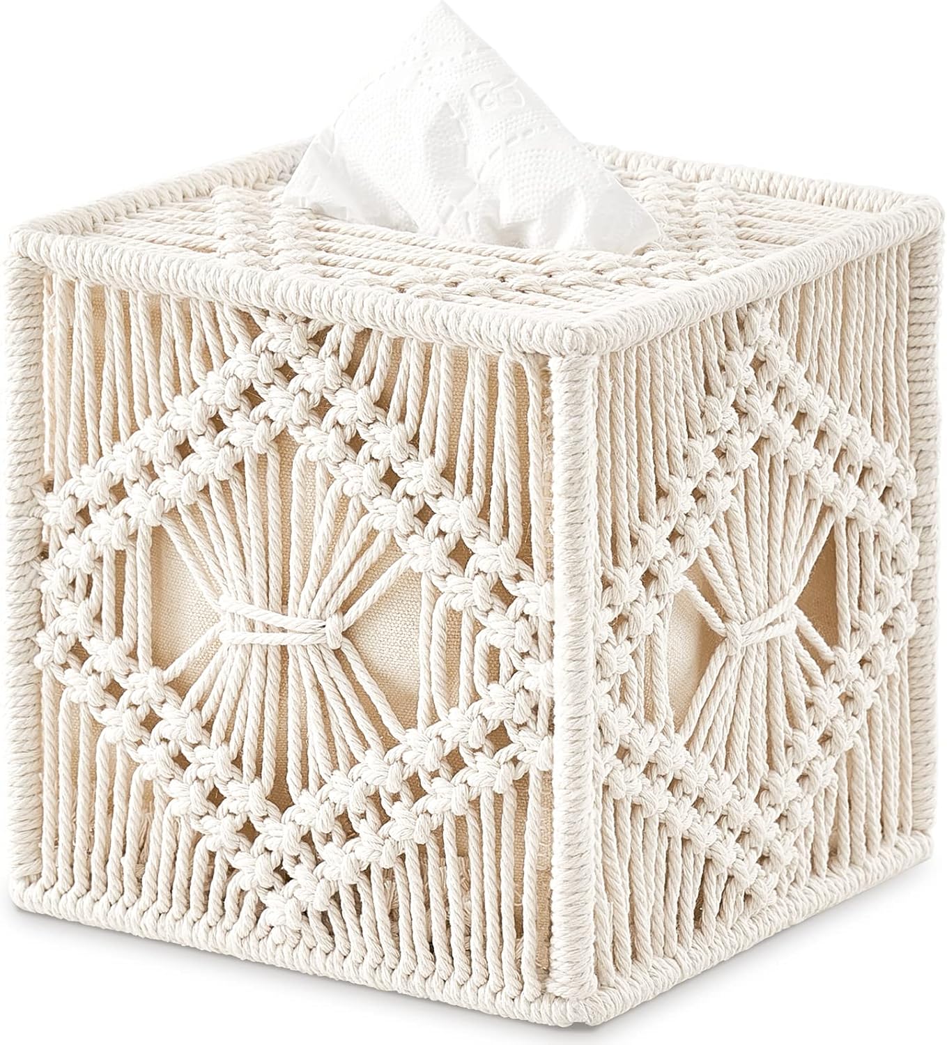 Mkono Tissue Box Cover Macrame Square Open-Bottom Tissue Box Holder Boho Decor Tissue Organizer Bohemian Handmade Woven Tissue Cube Box for Bathroom Bedroom Dresser Living Room Office Dorm