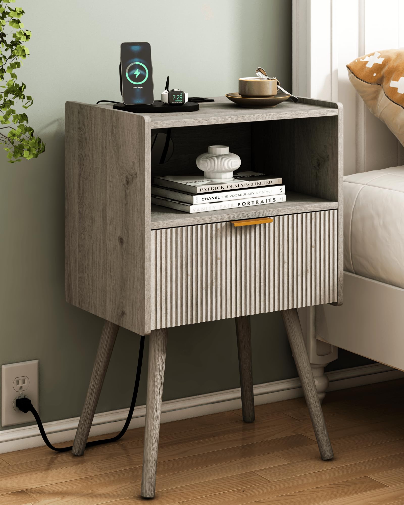 Black Nightstand,Modern Bedside Table with Storage Drawer and Open Wood Shelf, for Living Room, Bedroom and Small Spaces, Accent Night Stand with Solid Wood Legs, Easy Assembly,Classic Black