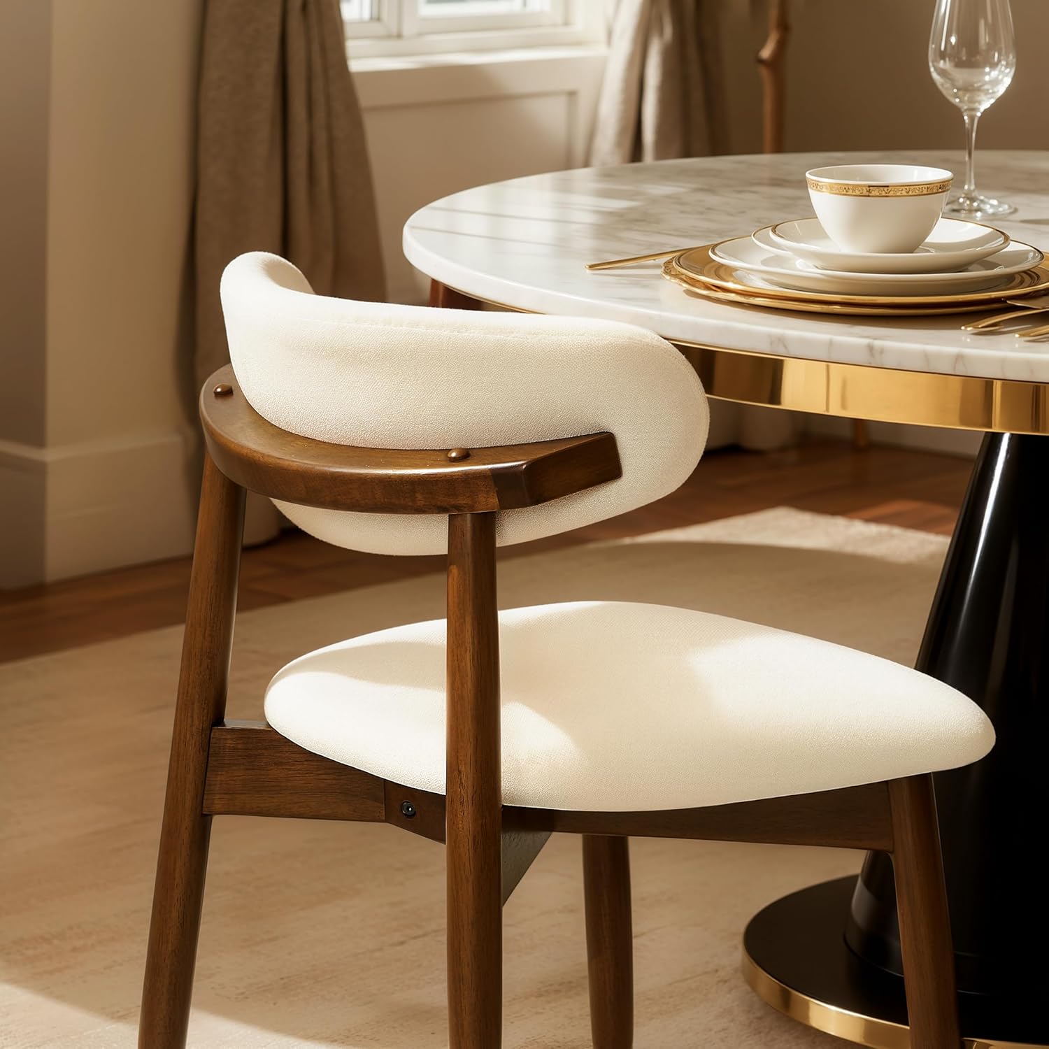 CHUN YI Dining Chairs Set of 4, Upholstered Wooden Dining Room Chairs, Mid Century Modern Fabric Kitchen Chair with Ergonomic Curved Backrest, Beige (Only Chairs)