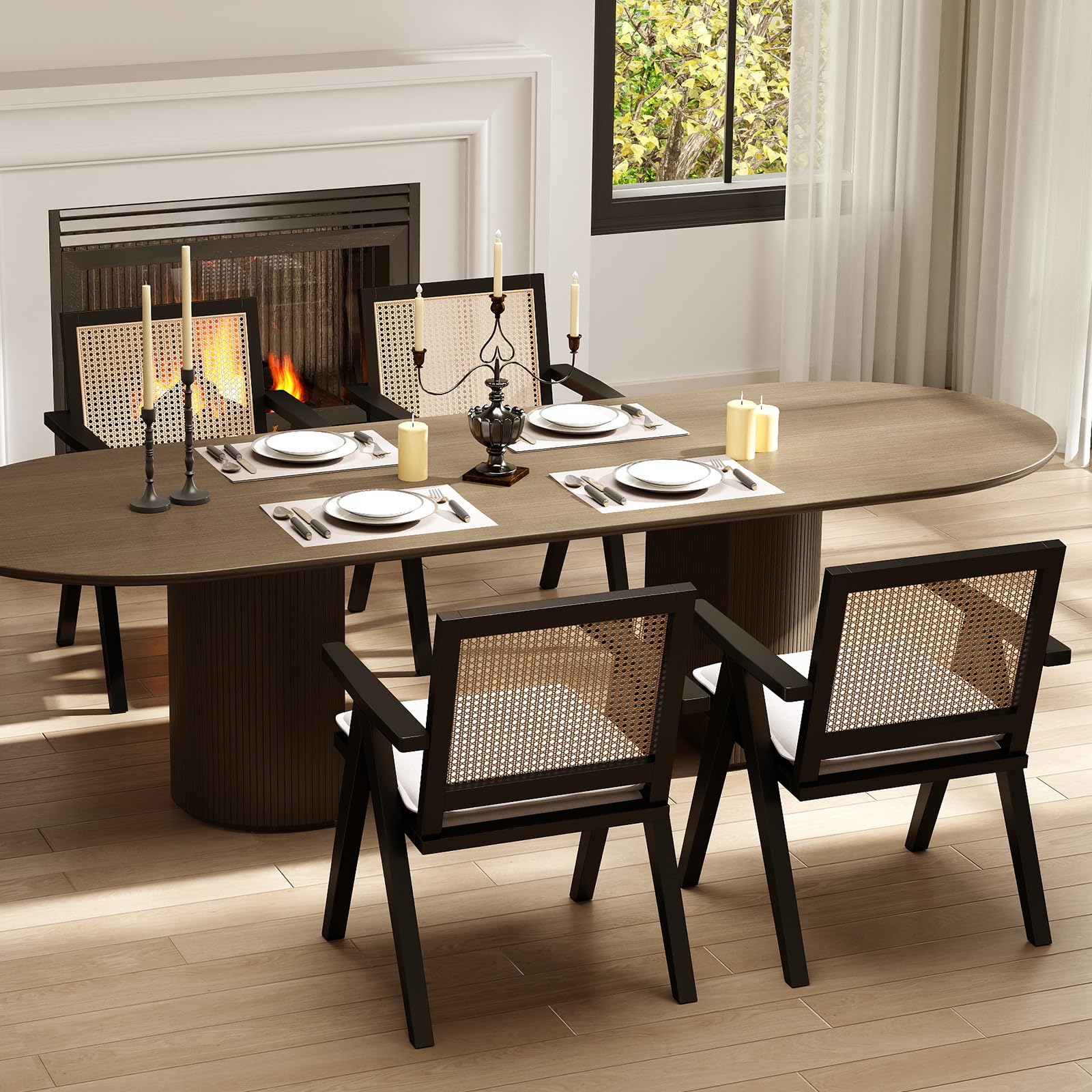 Rattan Dining Chairs Set of 4, Mid Century Modern Dining Room Chairs Wicker Armchair Comfy Side Chair Black Wood Boho Kitchen Cane Side Chairs with Arms for Dining Room Bistro