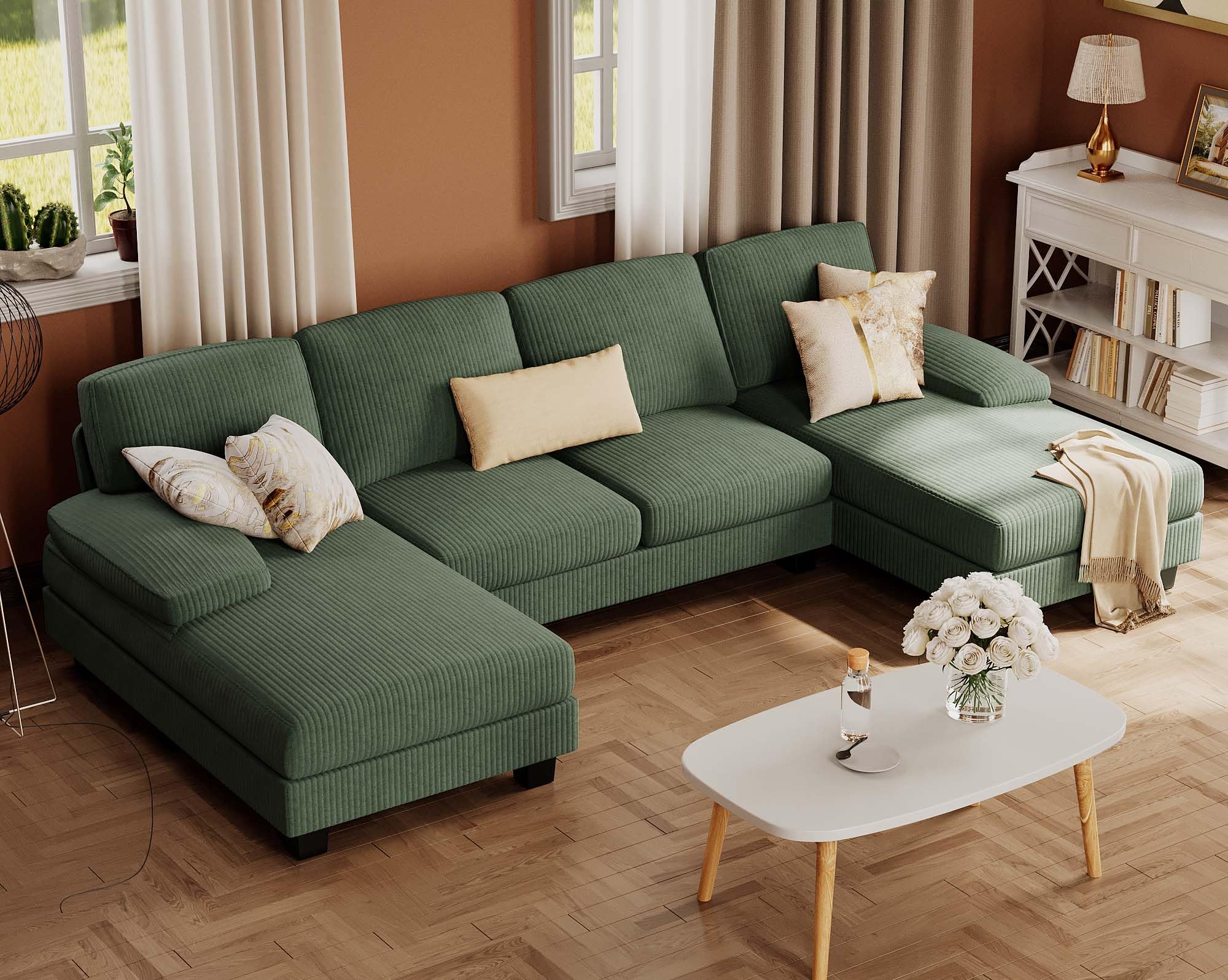 Furmax Sectional Couches for Living Room, U-Shaped Sofa Couch with Linen Fabric, 4 Seat Sofa Set with Double Chaise for Apartment (Corduroy, Beige)