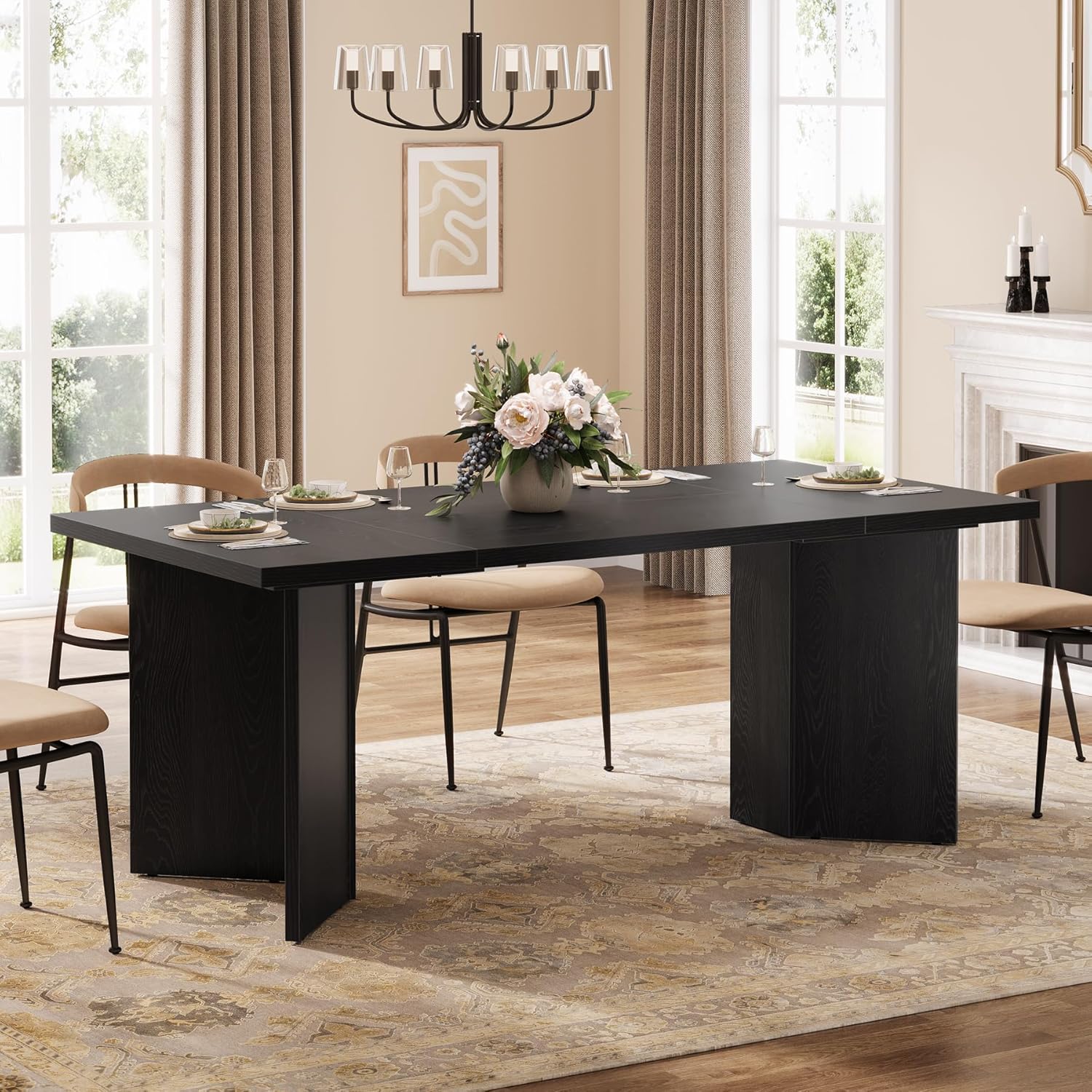 Tribesigns 63-Inch Dining Table for 4-6, Modern Large Kitchen Table with Thickened Wood Base, Rectangular Wooden Dinner Furniture for Kitchen, Dining Room, Living Room, Black
