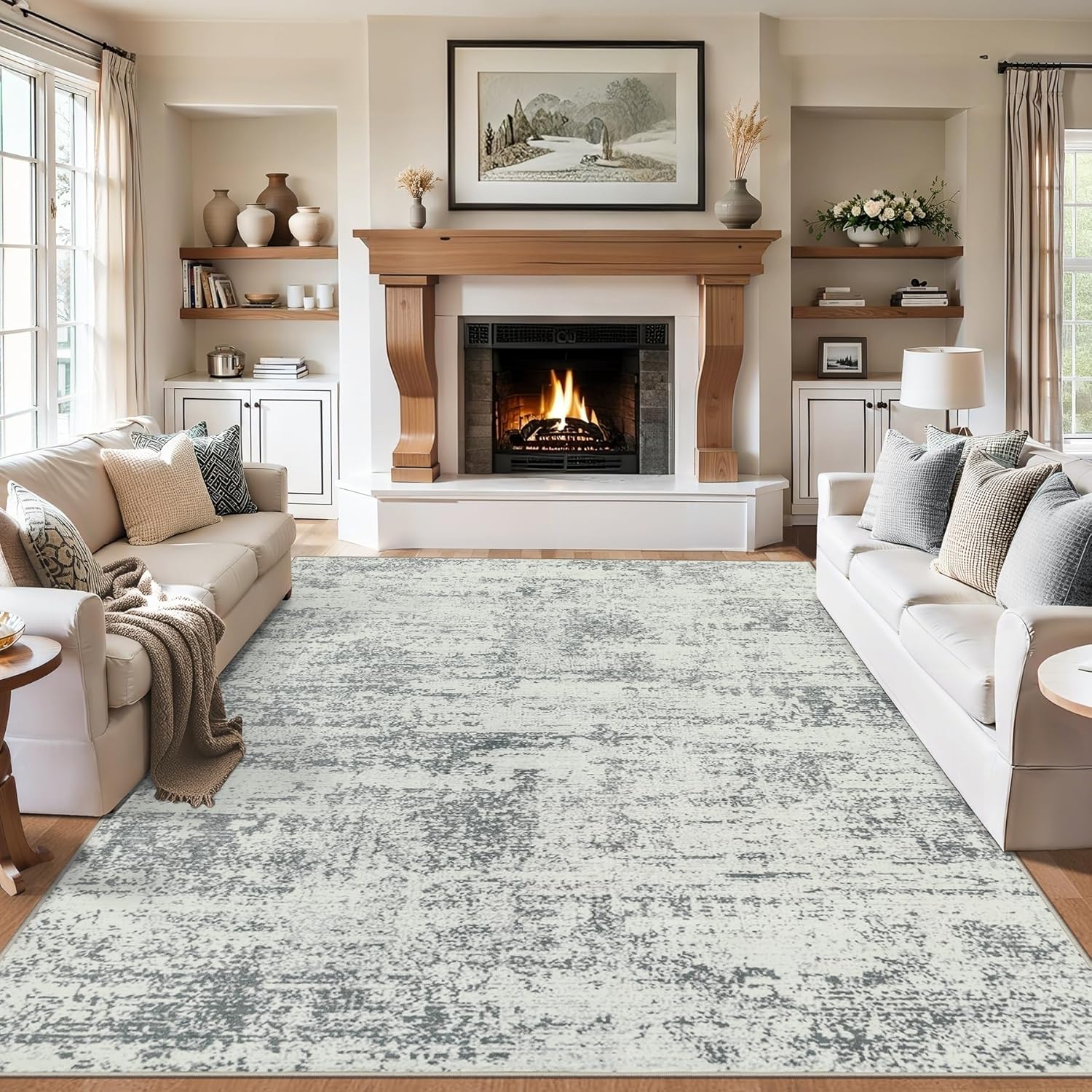 8x10 Area Rugs for Living Room - Washable Rug Modern Abstract Soft Large Neutral Non-Slip Carpet Indoor Floor Stain Resistant Thin Carpets for Bedroom Dining Room Farmhouse Nursery Home Office Grey