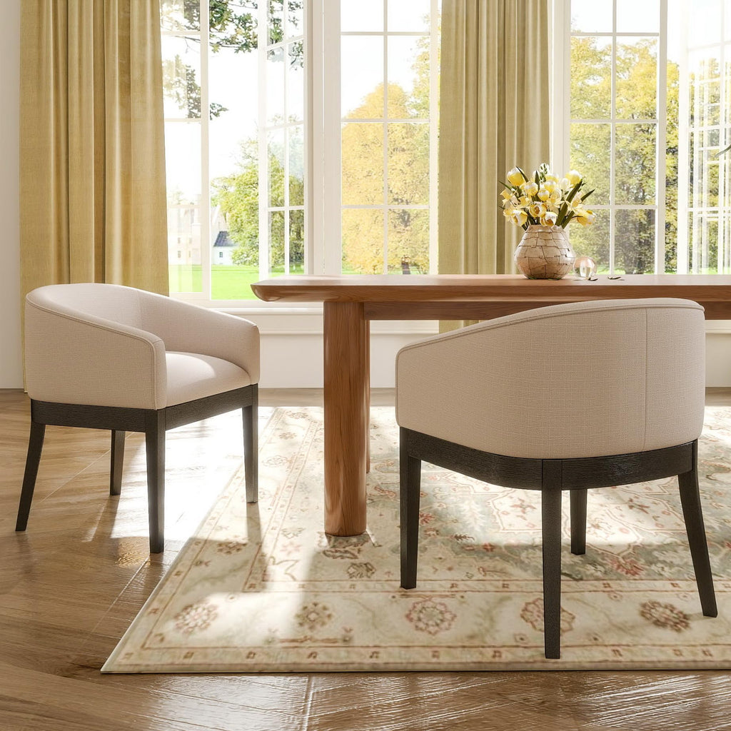 Beige Mid Century Modern Dining Chairs Set of 4, Farmhouse Linen Upholstered Accent Curved Backrest Kitchen Chairs Armchairs with Natural Wood Legs, Beige