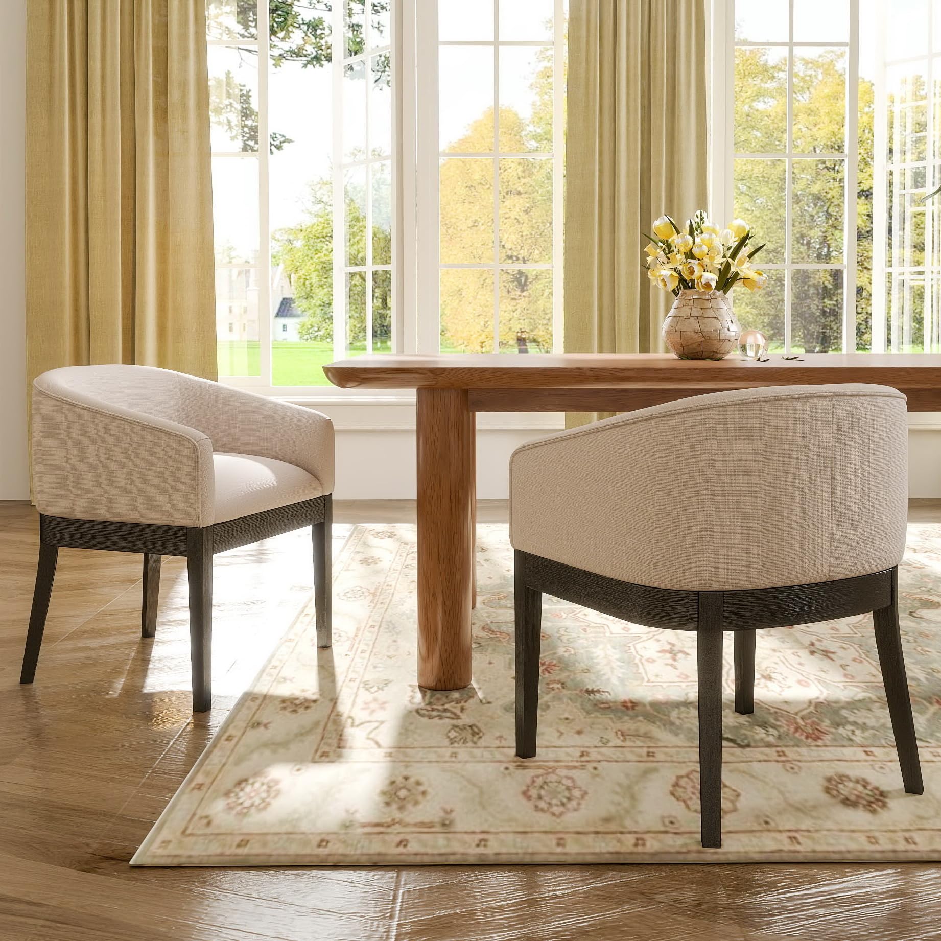Beige Mid Century Modern Dining Chairs Set of 4, Farmhouse Linen Upholstered Accent Curved Backrest Kitchen Chairs Armchairs with Natural Wood Legs, Beige