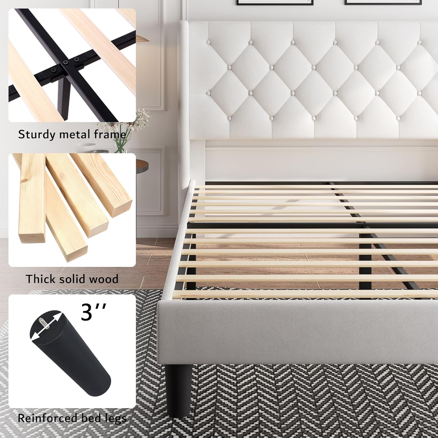 iPormis Full Size Velvet Platform Bed Frame with Button Tufted Headboard, Upholstered Bed Frame with Solid Wooden Slats, 8" Underbed Space, No Box Spring Needed, Noise Free, Easy Assembly, White