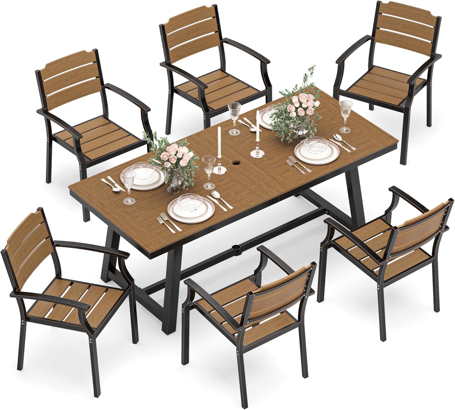 Patio Table and Chairs Set, Patio Furniture Set, 7-Piece, HDPS All-Weather Material Outdoor Dining Set, Outdoor Furniture Set with Umbrella Hole, Brown-Oil Printed