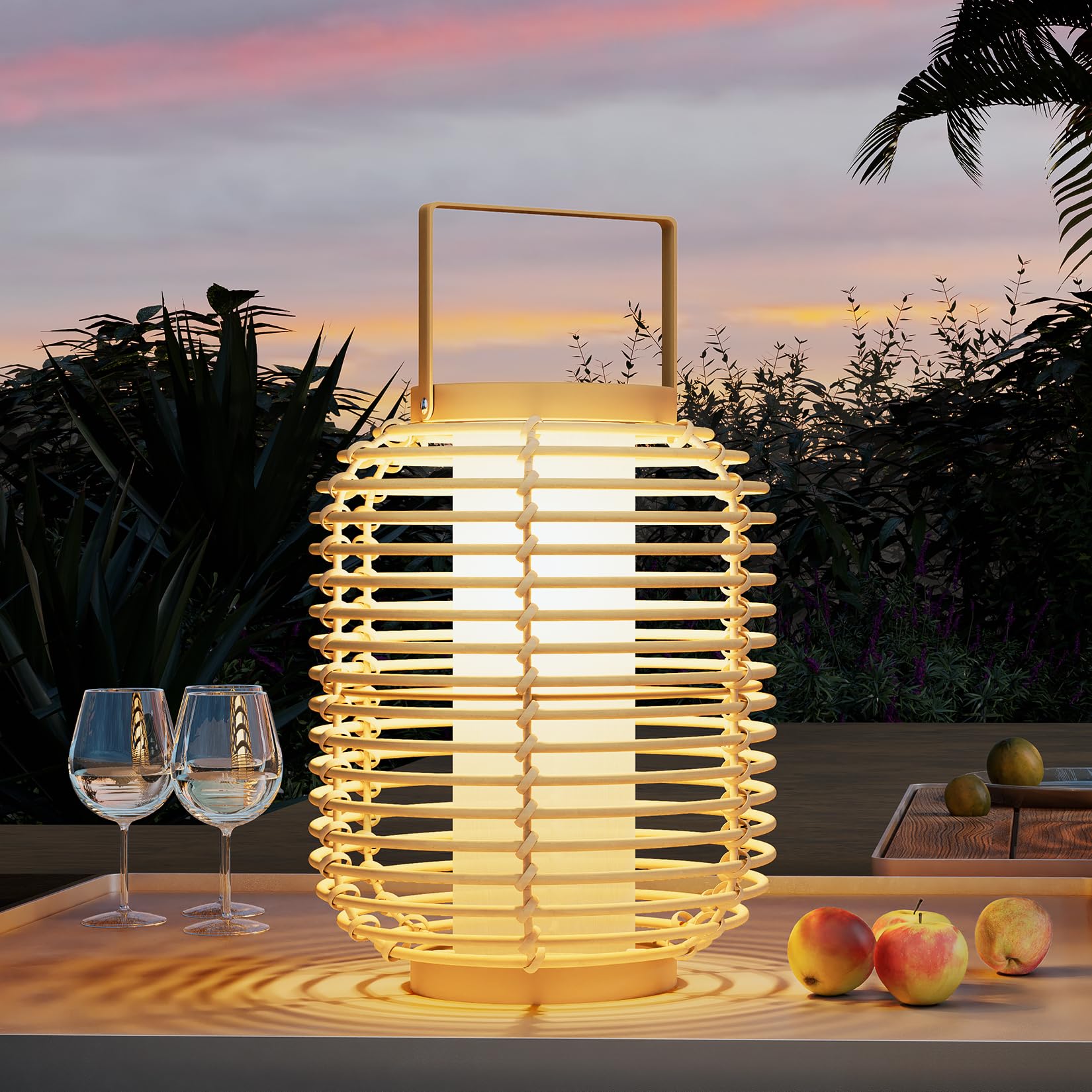 Solar Yard Outdoor Austin Solar Powered Floor Lamp Set of 2, 14-inch Wicker Woven LED Lamp, Water-Resistant Garden Light, Boho Style, Decor for Balcony, Porch, Yard, Pathway, Natural Color